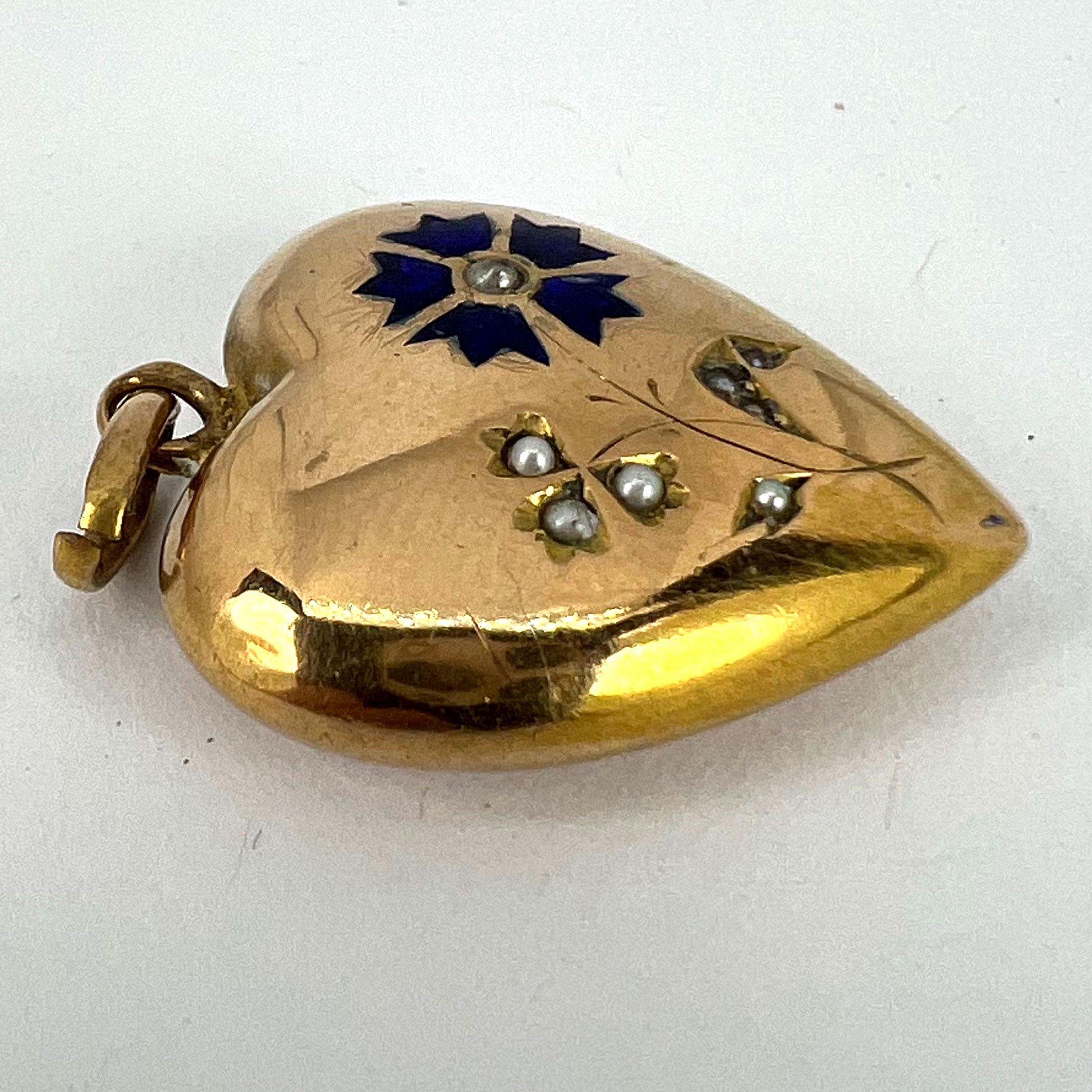 French Puffy Love Heart Flowers 18K Yellow Gold Enamel Pearl Pendant For Sale 8
