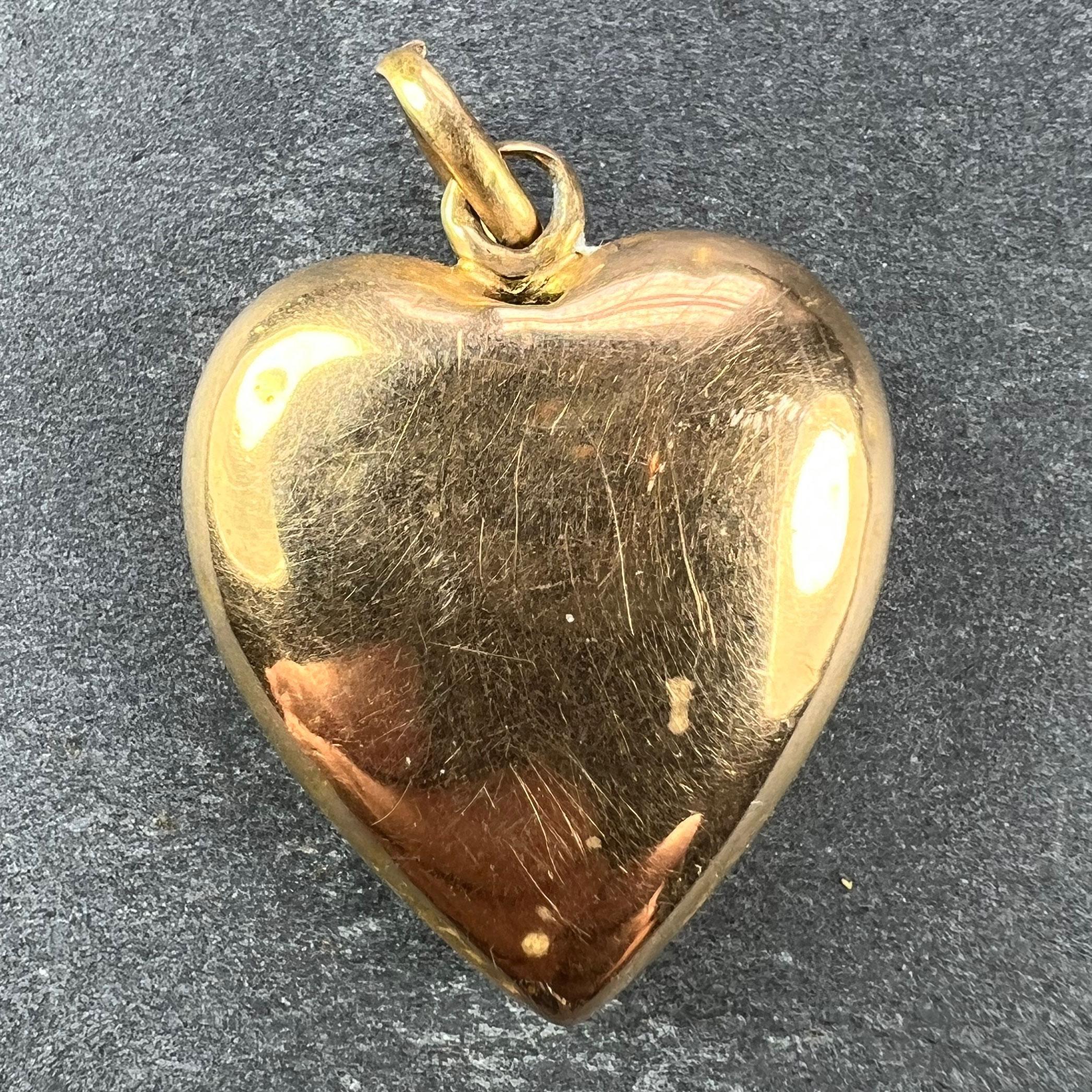 Art Nouveau French Puffy Love Heart Flowers 18K Yellow Gold Enamel Pearl Pendant For Sale