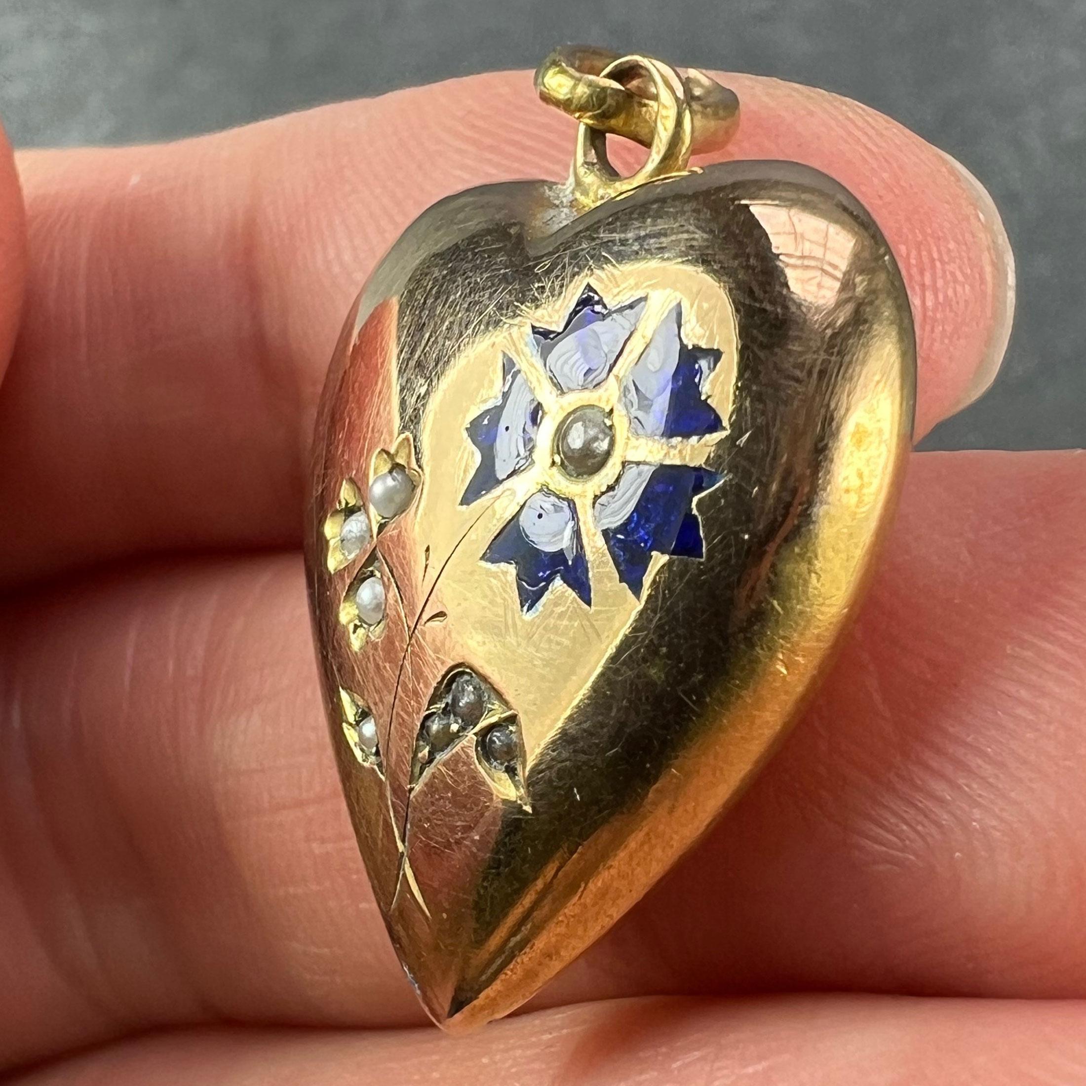 Women's French Puffy Love Heart Flowers 18K Yellow Gold Enamel Pearl Pendant For Sale
