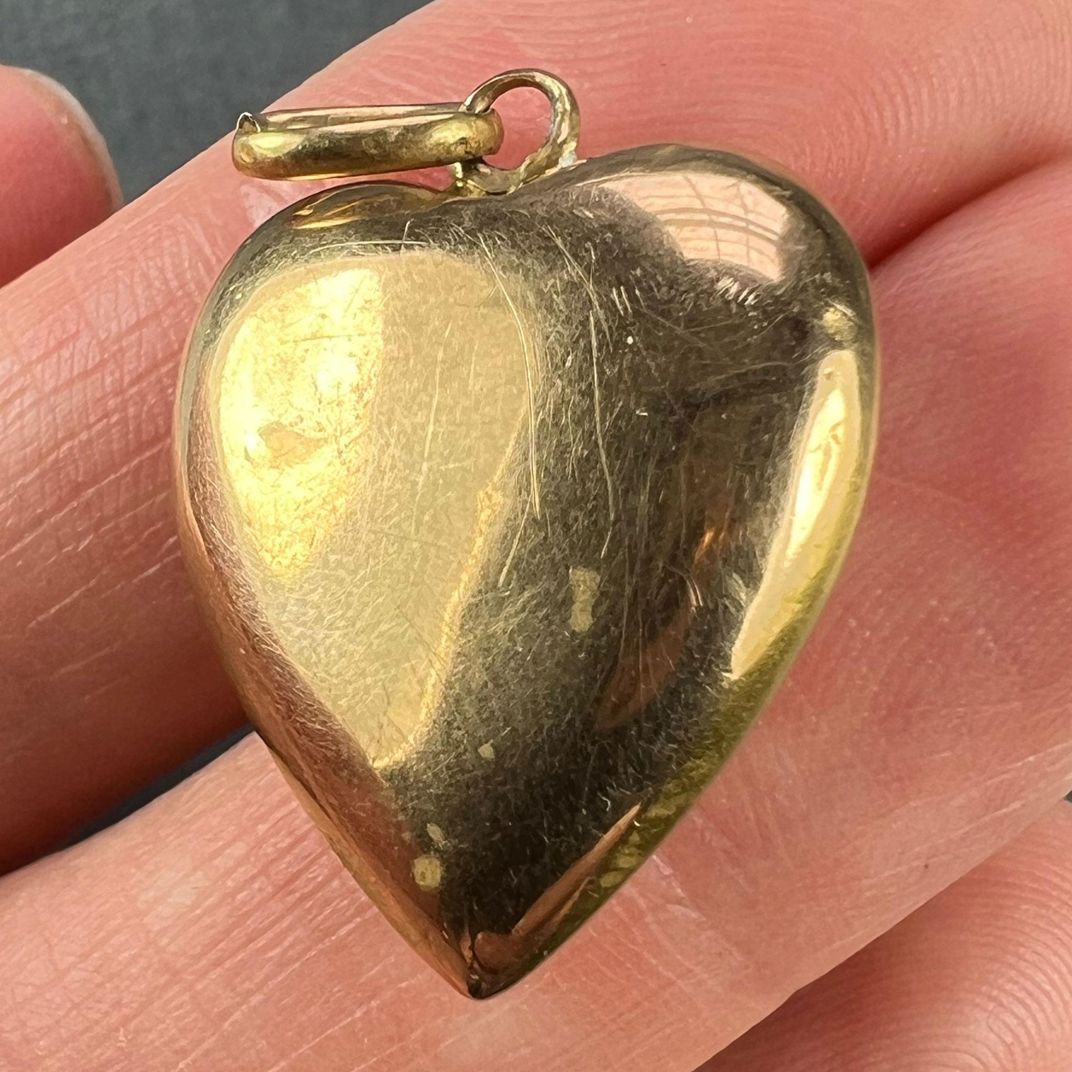 French Puffy Love Heart Flowers 18K Yellow Gold Enamel Pearl Pendant For Sale 2