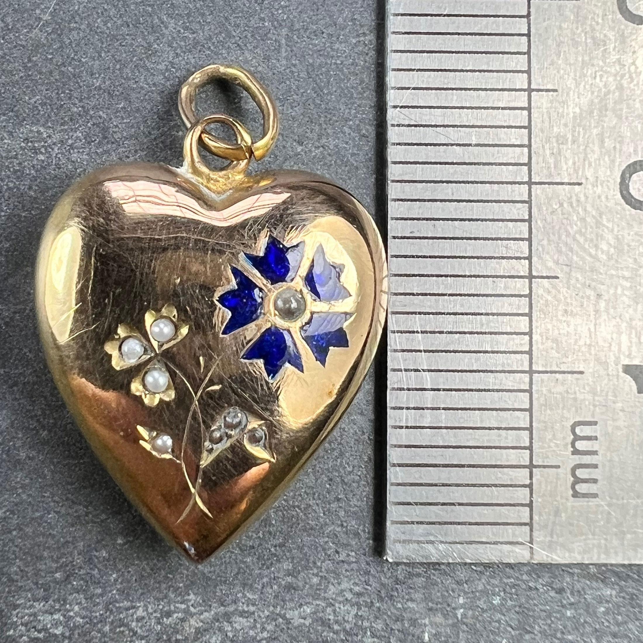 French Puffy Love Heart Flowers 18K Yellow Gold Enamel Pearl Pendant For Sale 3