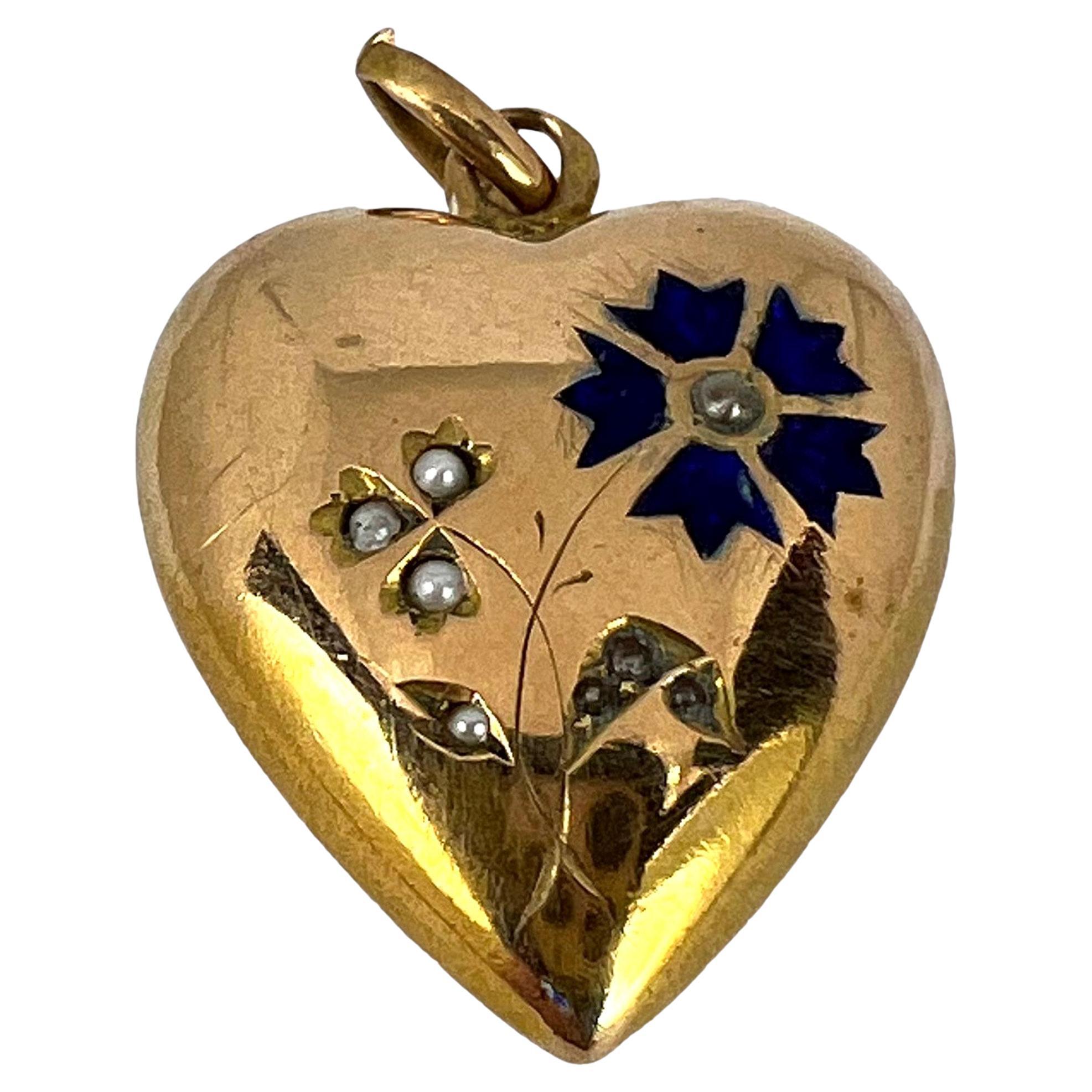 French Puffy Love Heart Flowers 18K Yellow Gold Enamel Pearl Pendant