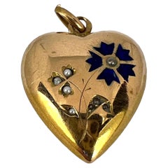 Antique French Puffy Love Heart Flowers 18K Yellow Gold Enamel Pearl Pendant