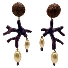 French Purple Coral Faux Pearl Dangle Statement Earrings