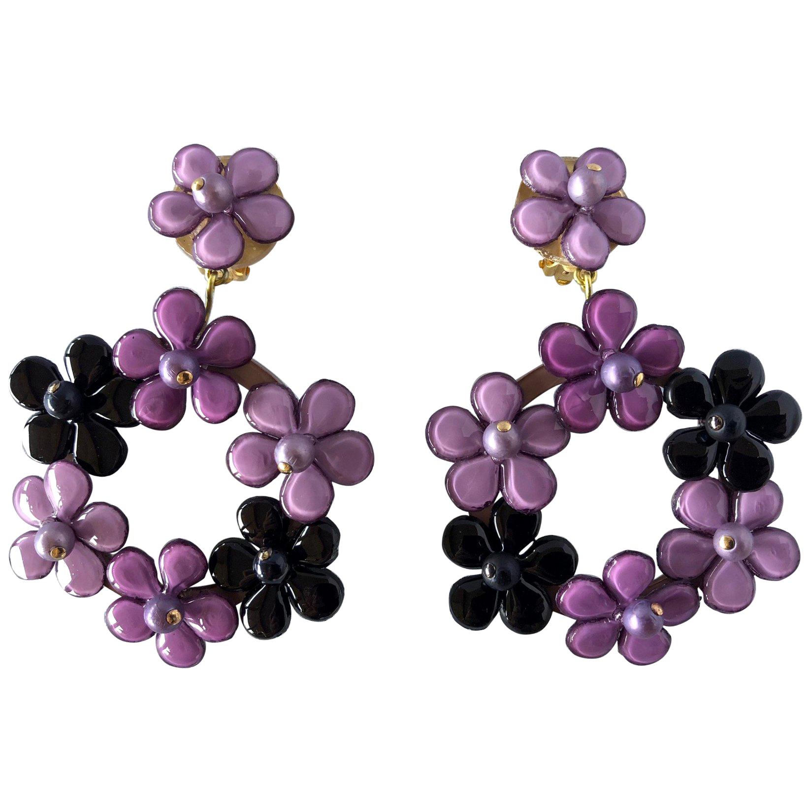 French Purple Flower Hoop Statement Earrings