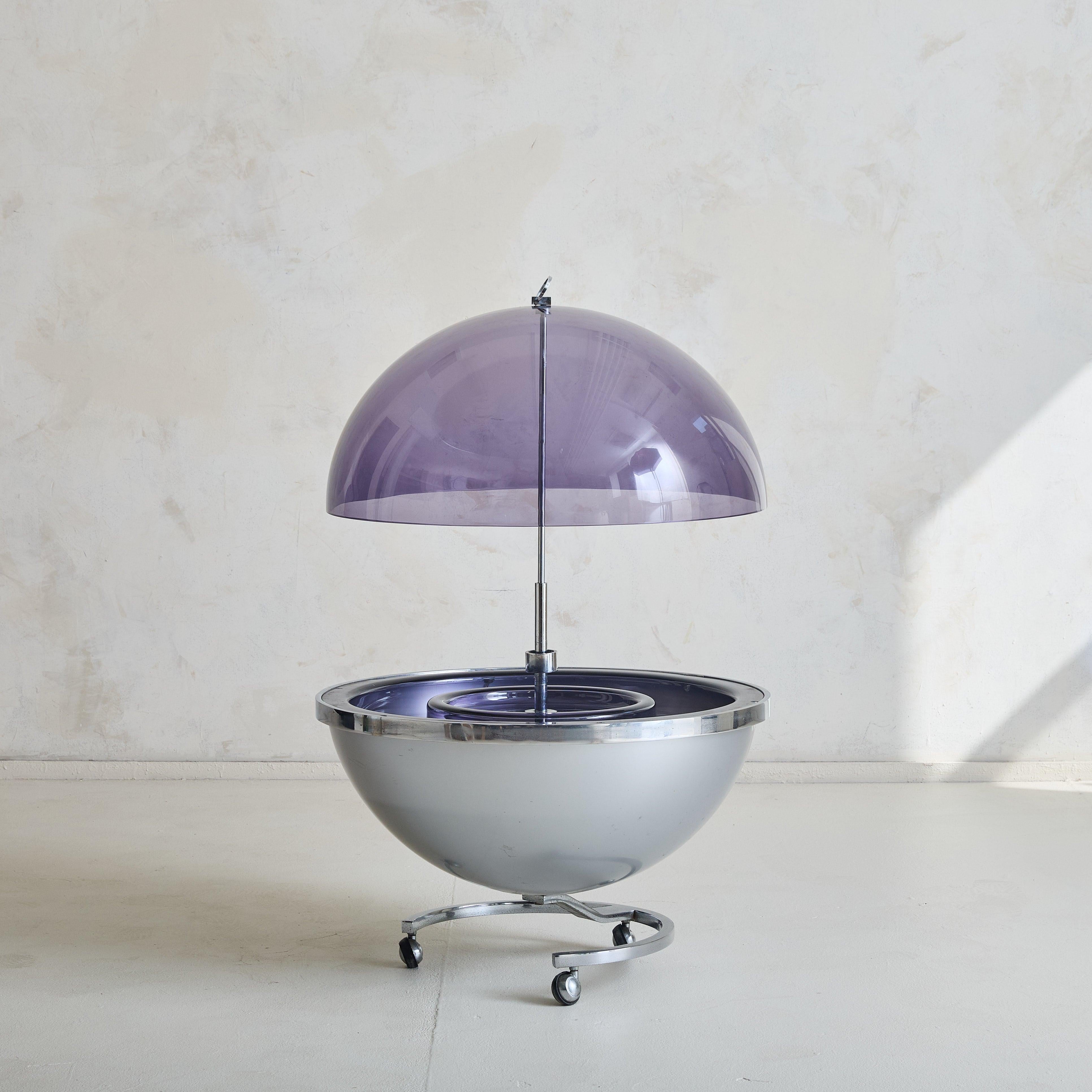 Modern French Purple Plexiglass + Chrome Spherical Bar Cart by Pierre Cardin, 1970s