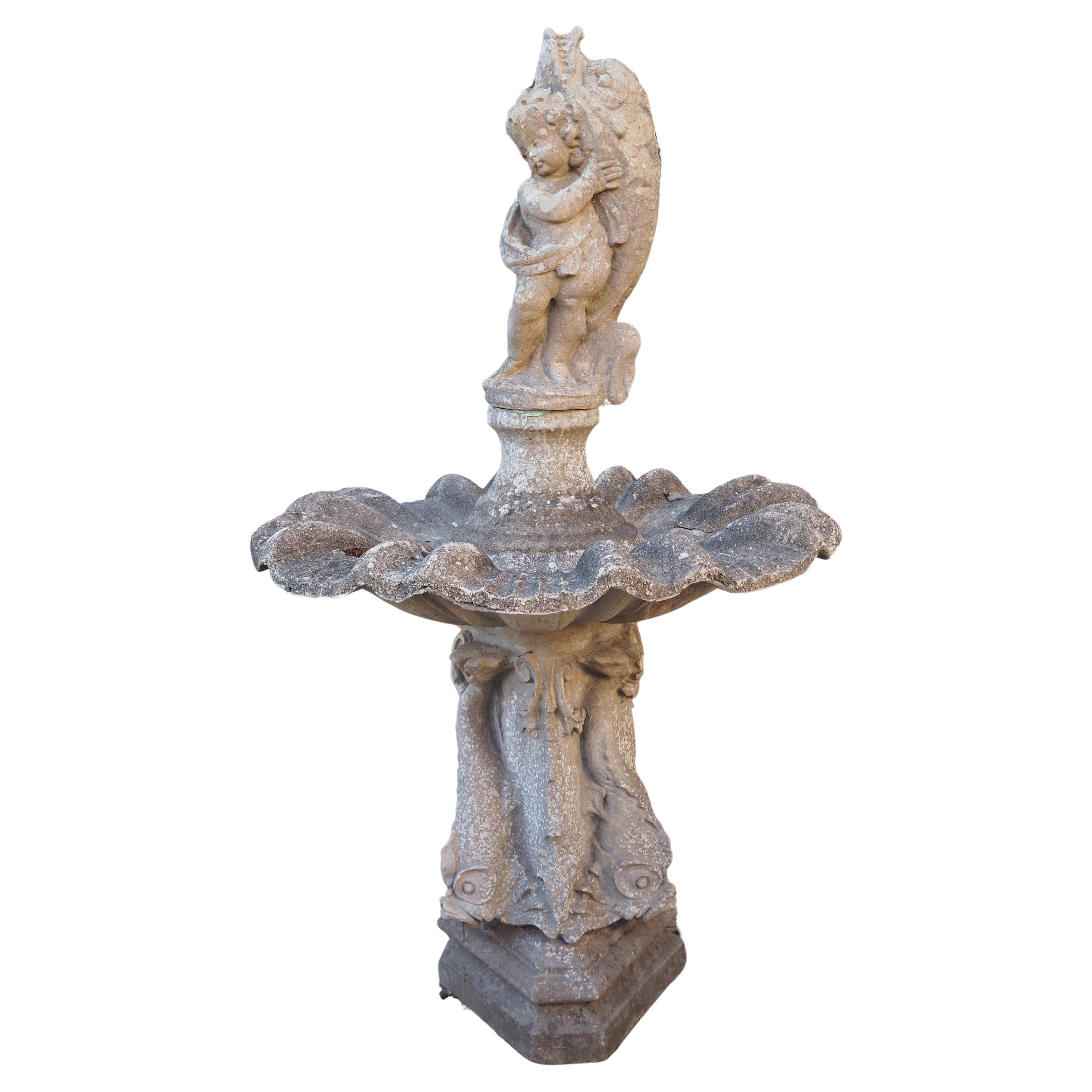 French Putti and Dolphin Center Fountain Element or Birdbath, circa 1950s