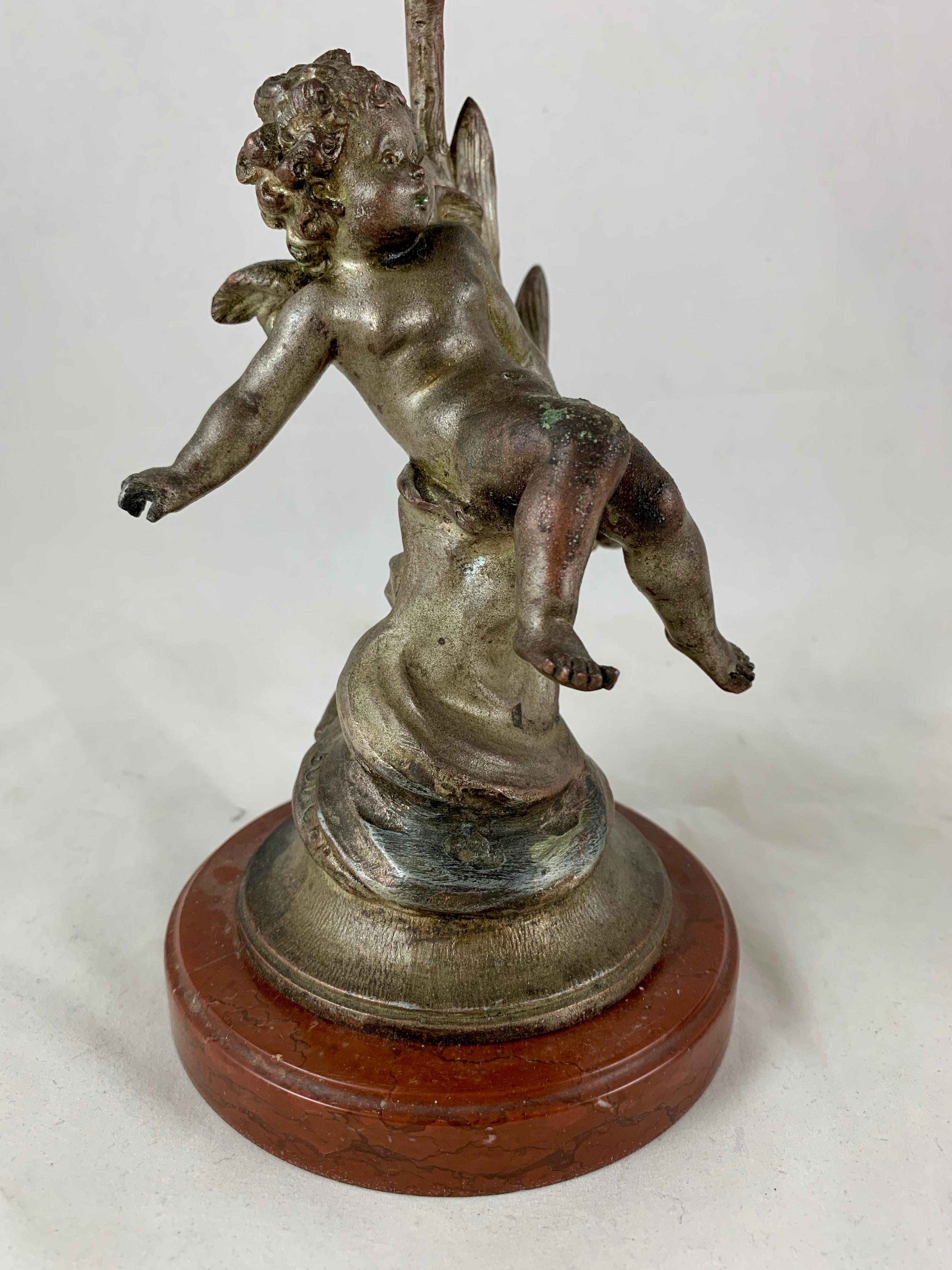 French Putti Cherub Candlesticks Signed Sylvain Kinsburger Spelter & Marble S/2 3