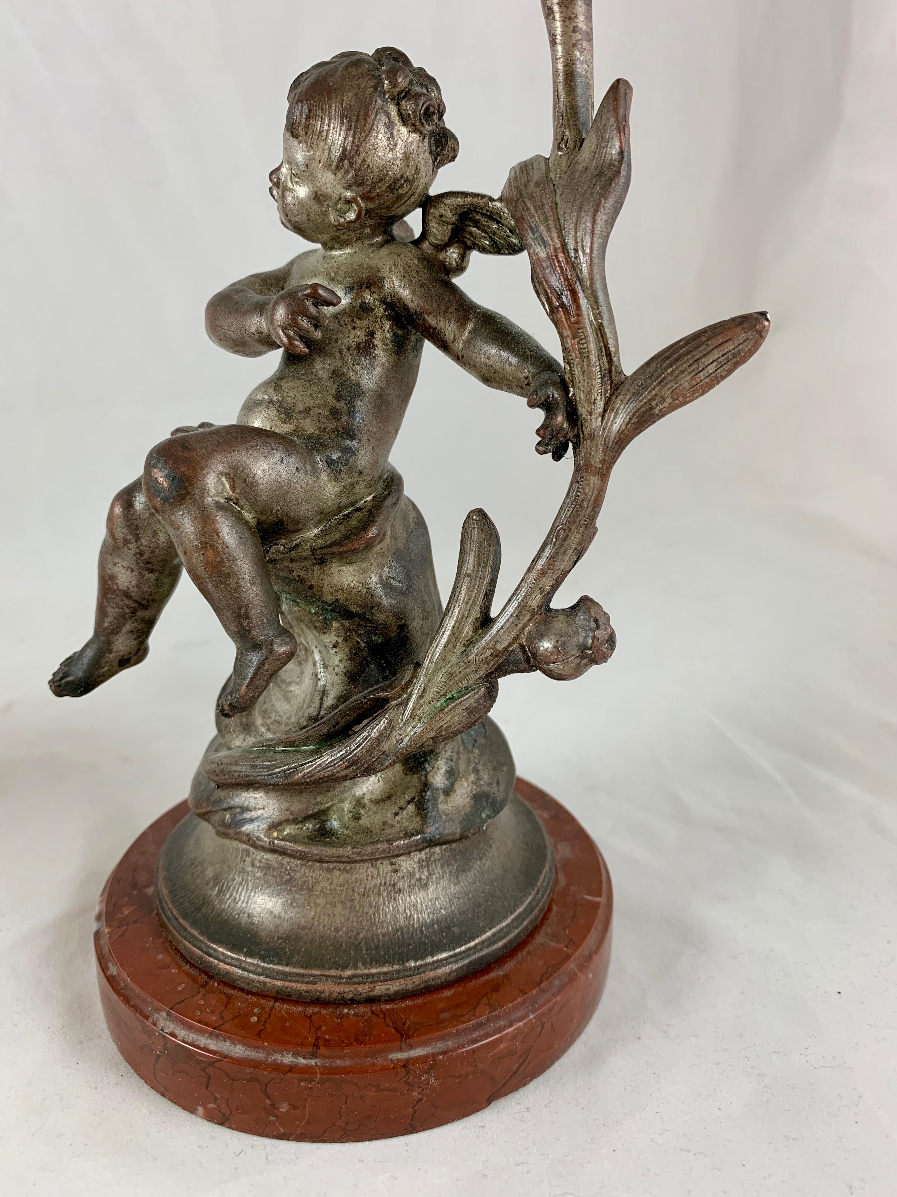 French Putti Cherub Candlesticks Signed Sylvain Kinsburger Spelter & Marble S/2 5