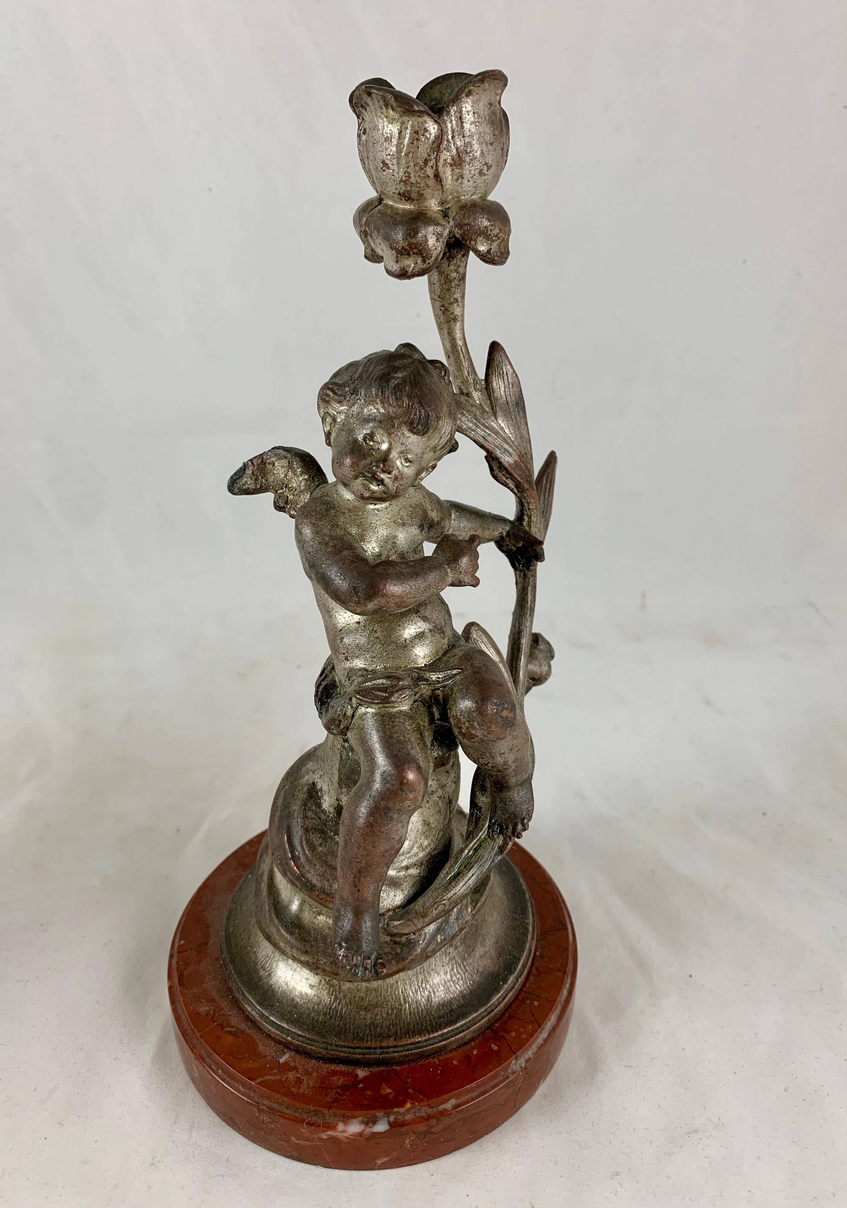 French Putti Cherub Candlesticks Signed Sylvain Kinsburger Spelter & Marble S/2 6
