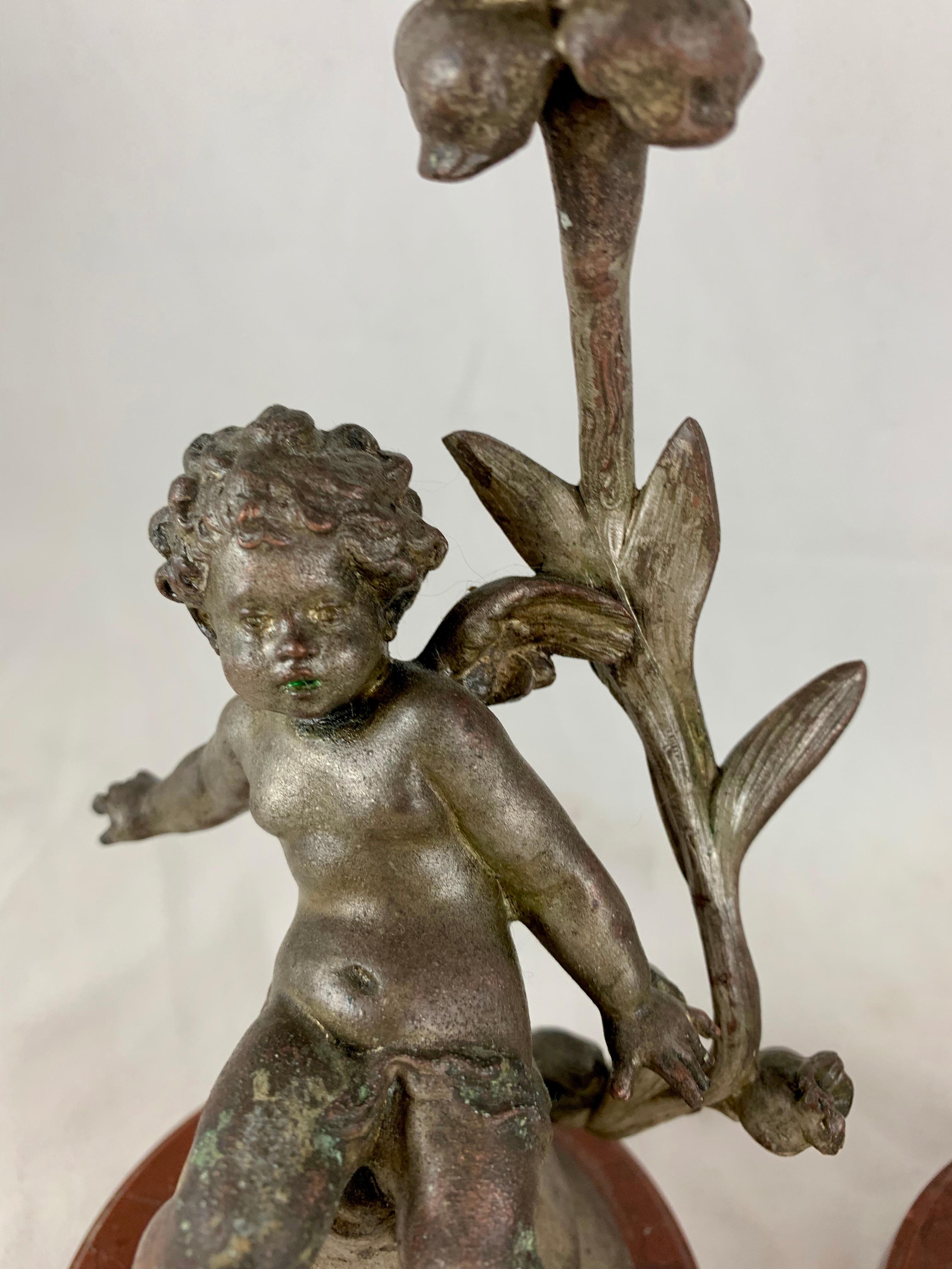French Putti Cherub Candlesticks Signed Sylvain Kinsburger Spelter & Marble S/2 7
