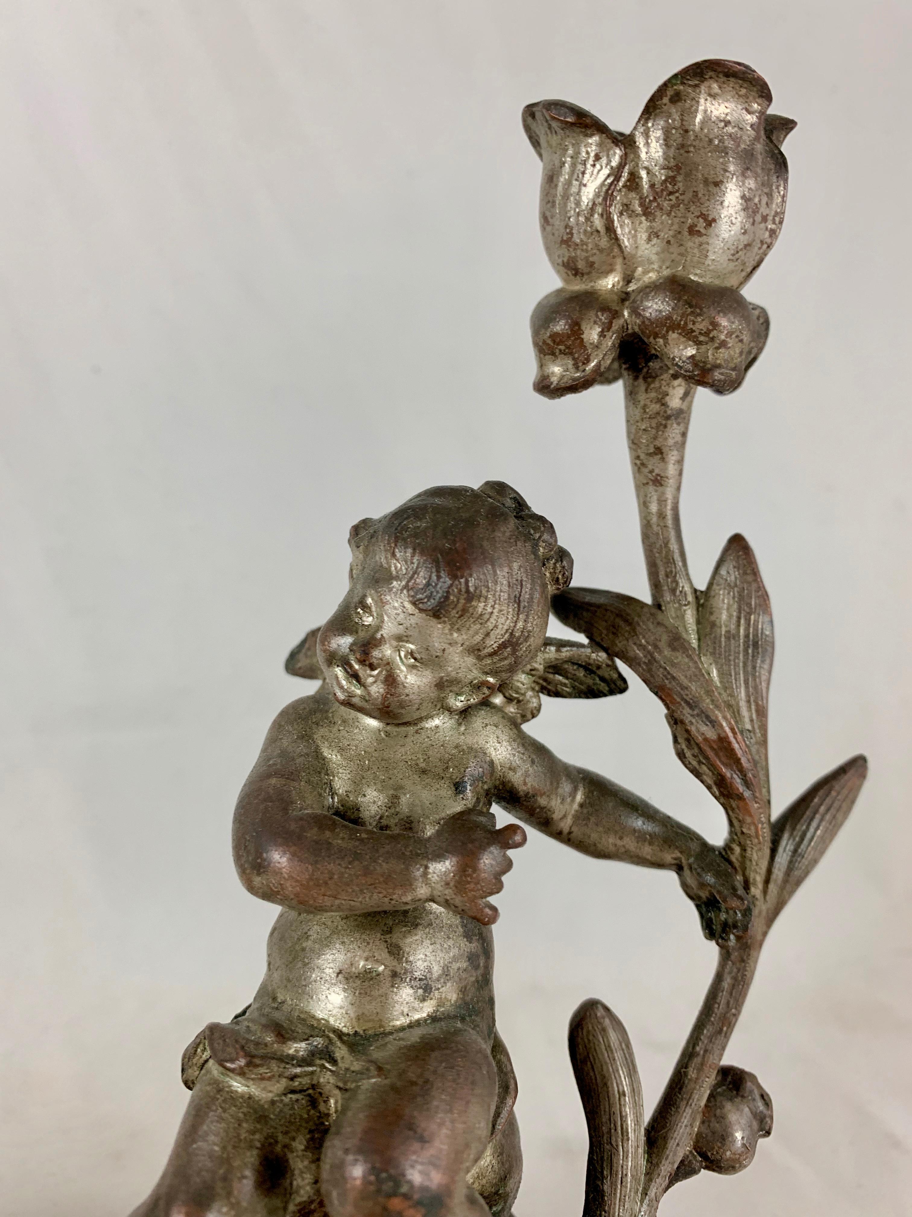 French Putti Cherub Candlesticks Signed Sylvain Kinsburger Spelter & Marble S/2 8