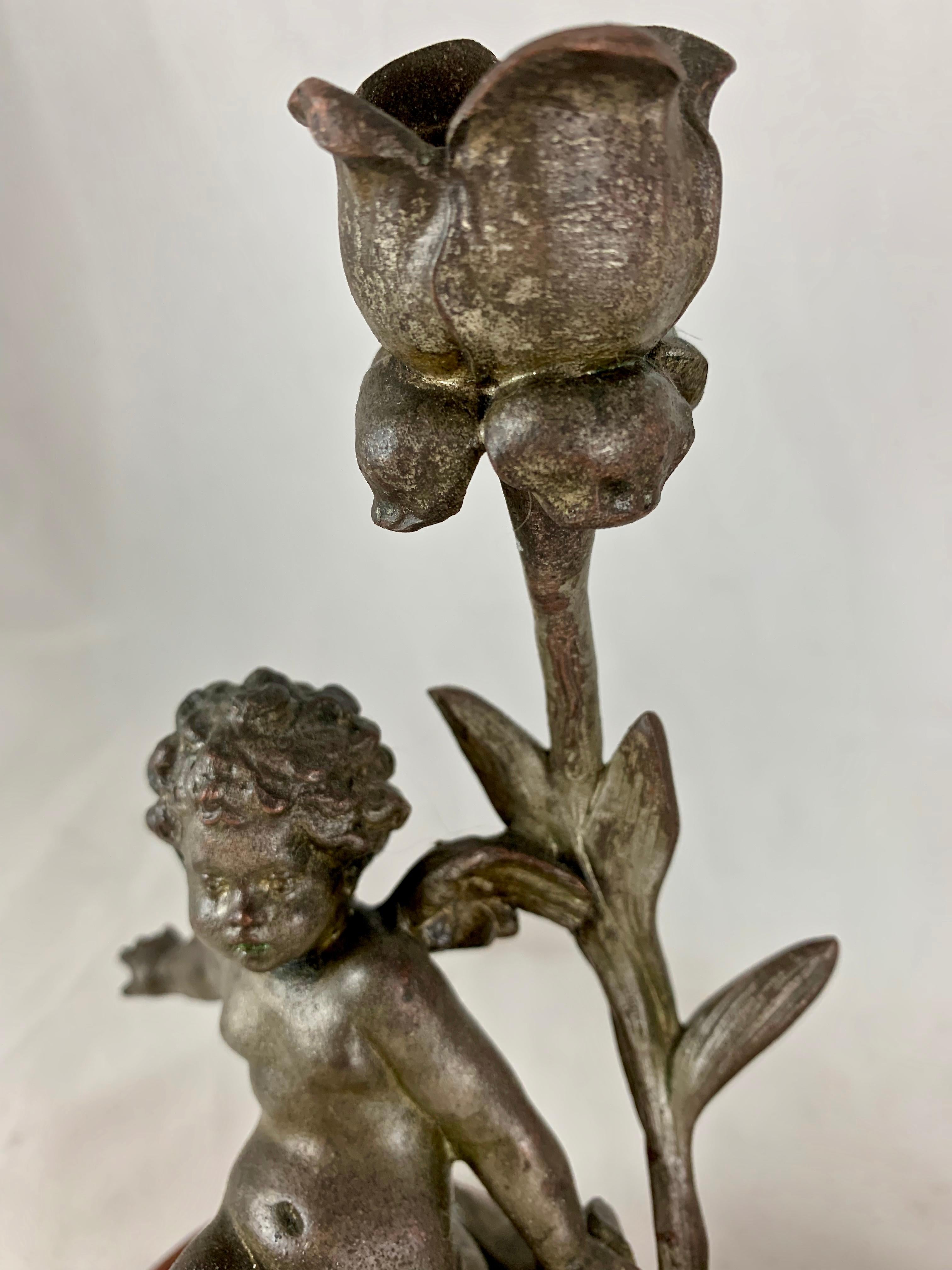 French Putti Cherub Candlesticks Signed Sylvain Kinsburger Spelter & Marble S/2 9