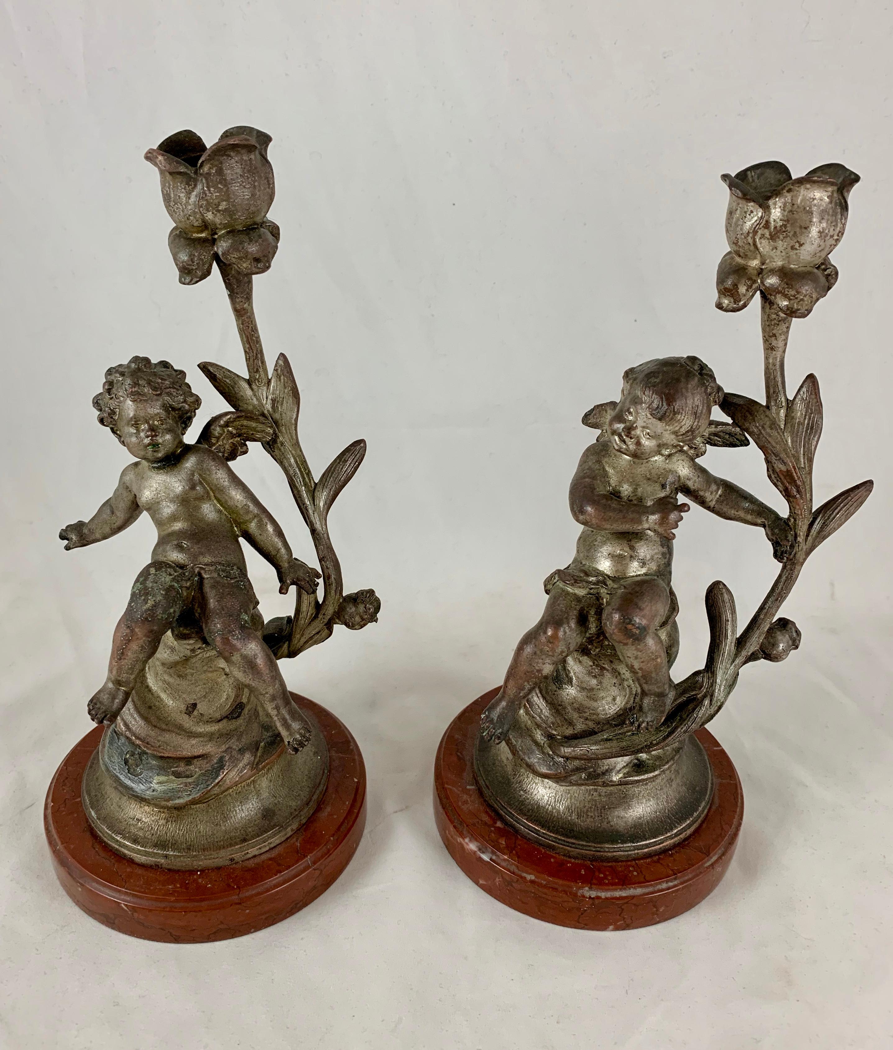 Cast French Putti Cherub Candlesticks Signed Sylvain Kinsburger Spelter & Marble S/2