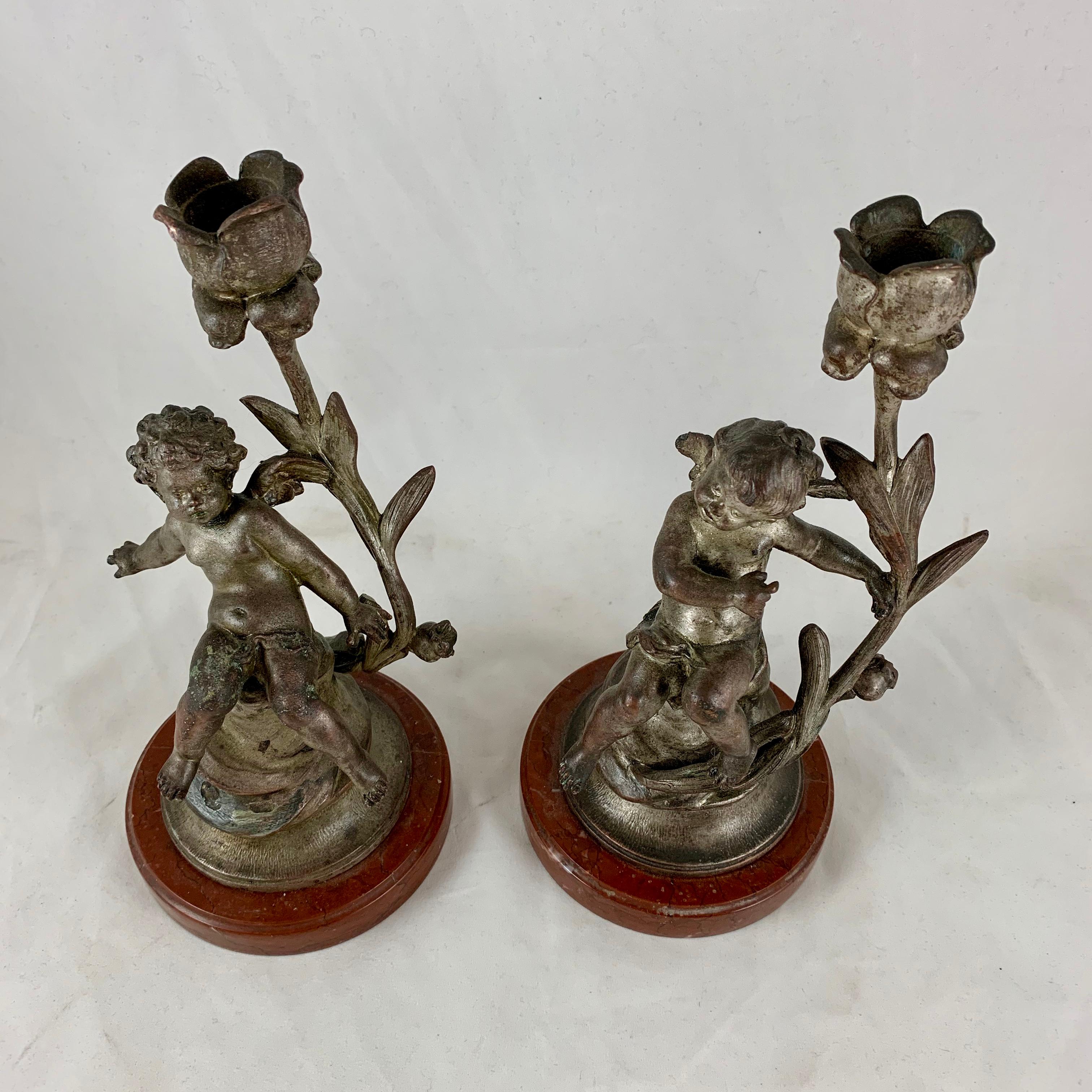 French Putti Cherub Candlesticks Signed Sylvain Kinsburger Spelter & Marble S/2 In Good Condition In Philadelphia, PA