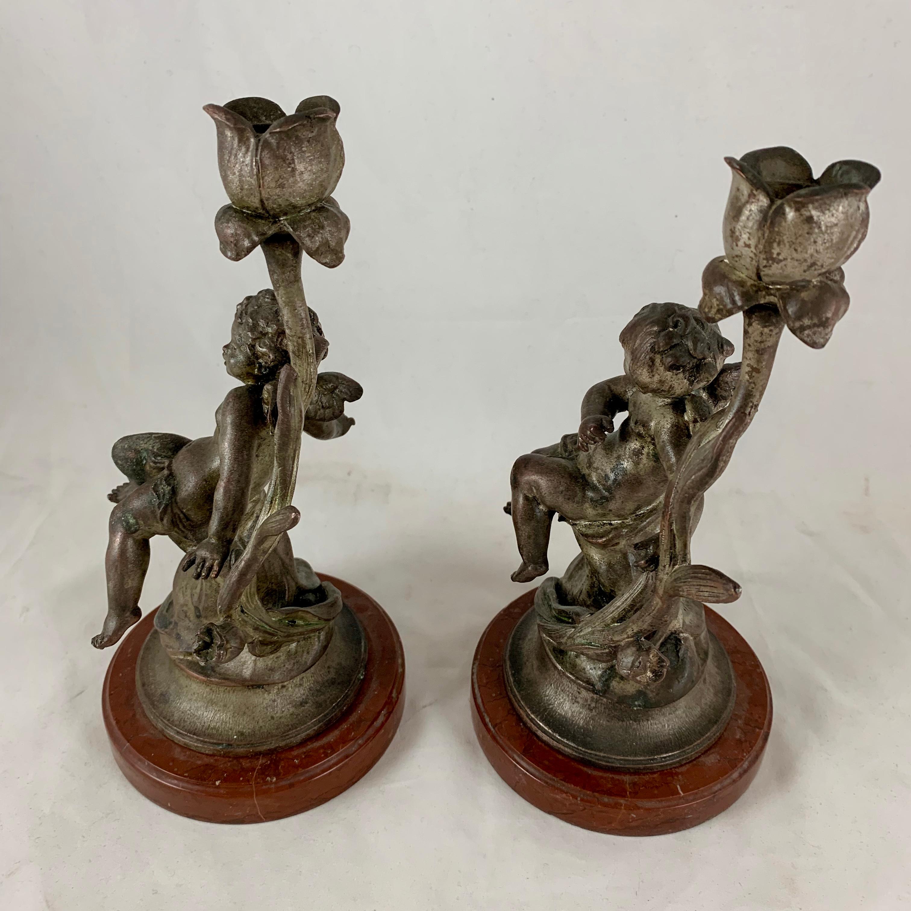 19th Century French Putti Cherub Candlesticks Signed Sylvain Kinsburger Spelter & Marble S/2