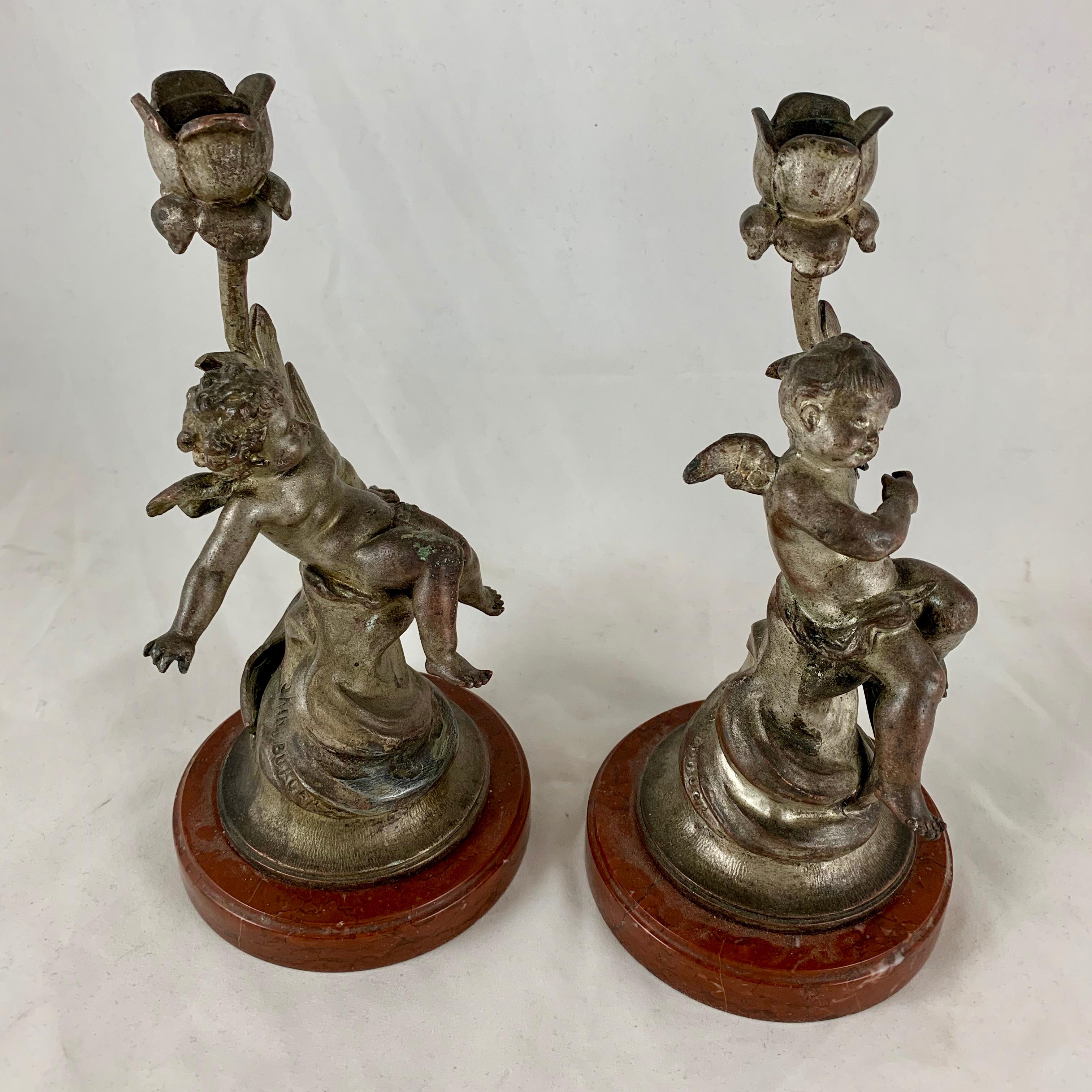 Metal French Putti Cherub Candlesticks Signed Sylvain Kinsburger Spelter & Marble S/2