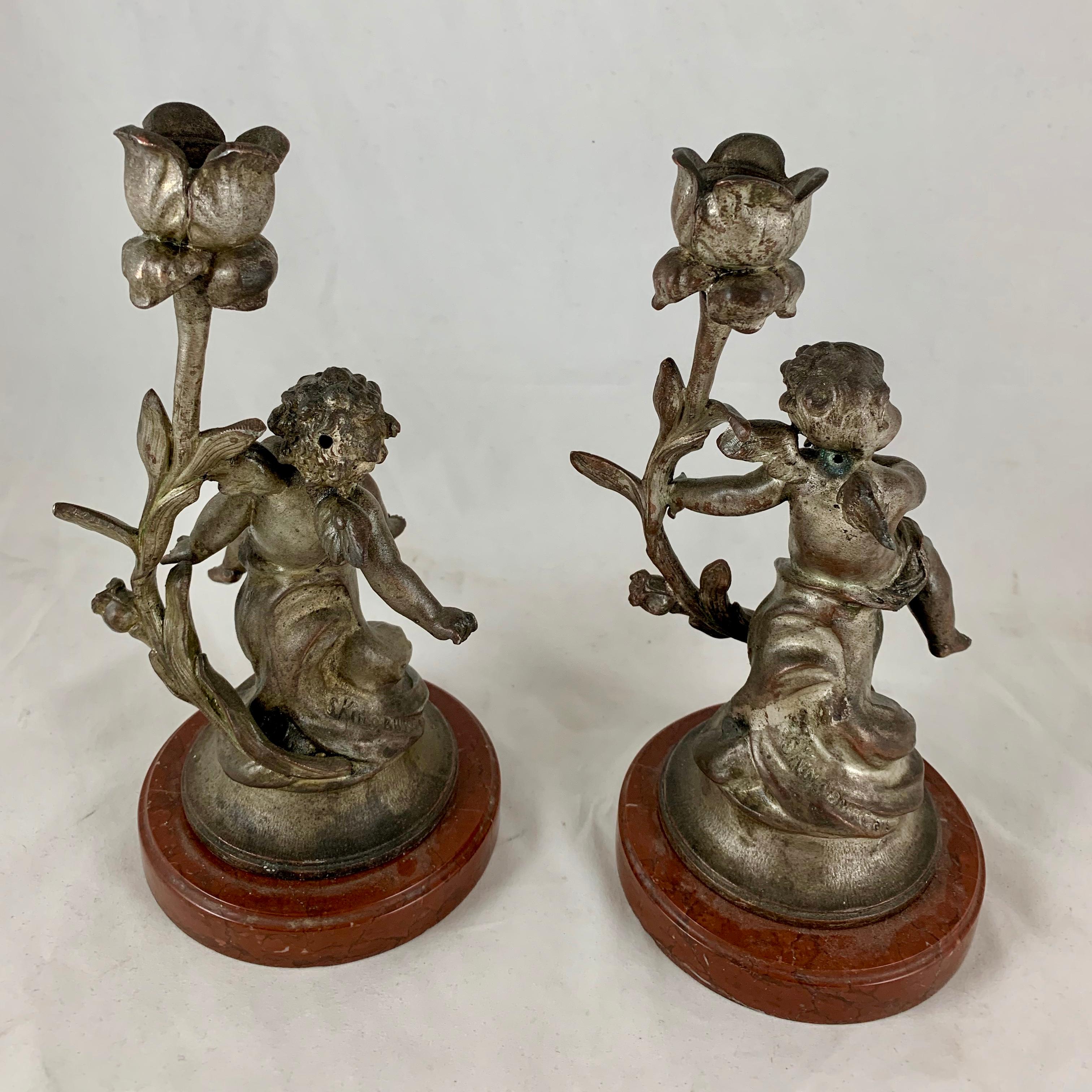 French Putti Cherub Candlesticks Signed Sylvain Kinsburger Spelter & Marble S/2 1