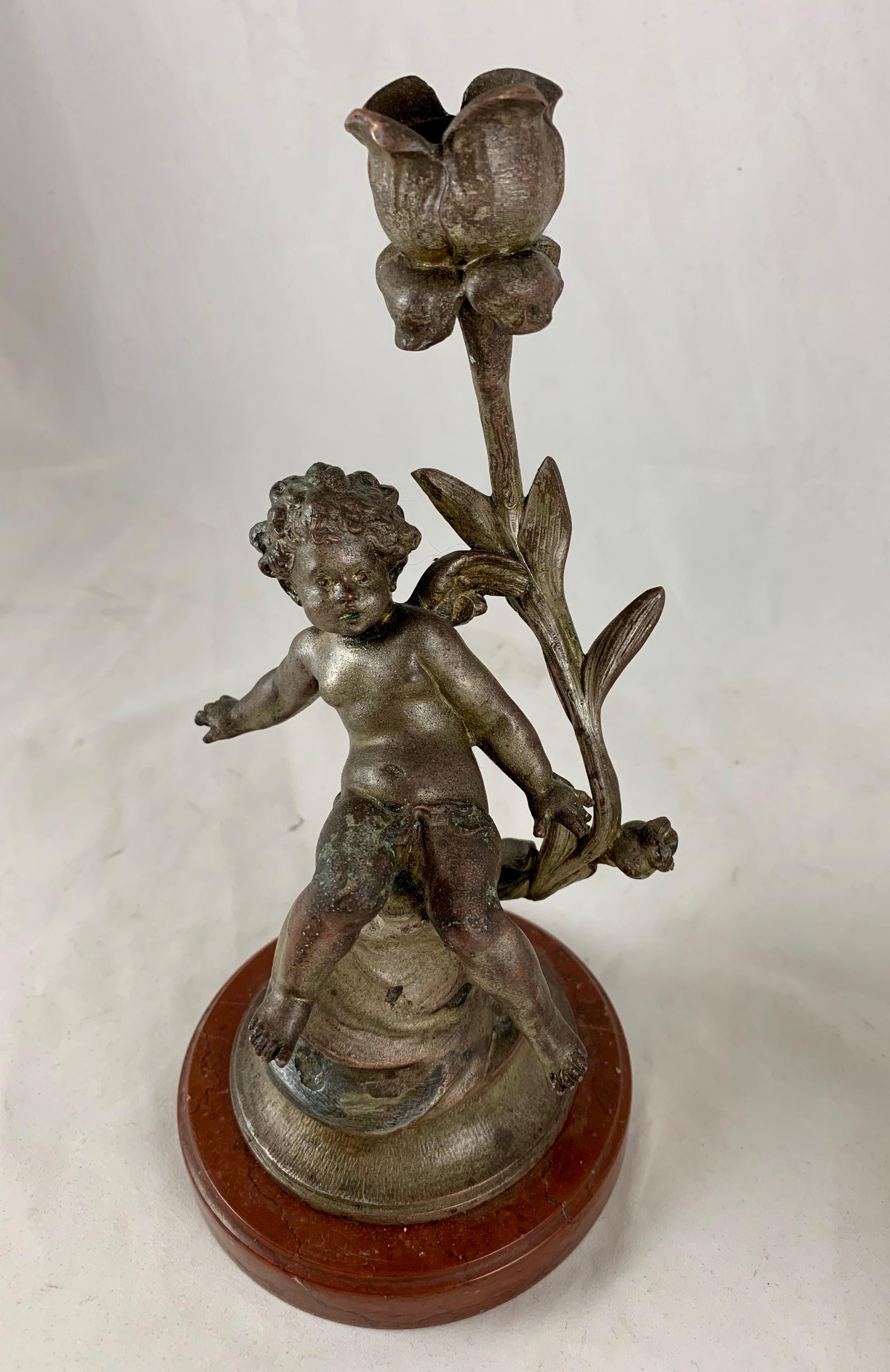 French Putti Cherub Candlesticks Signed Sylvain Kinsburger Spelter & Marble S/2 2