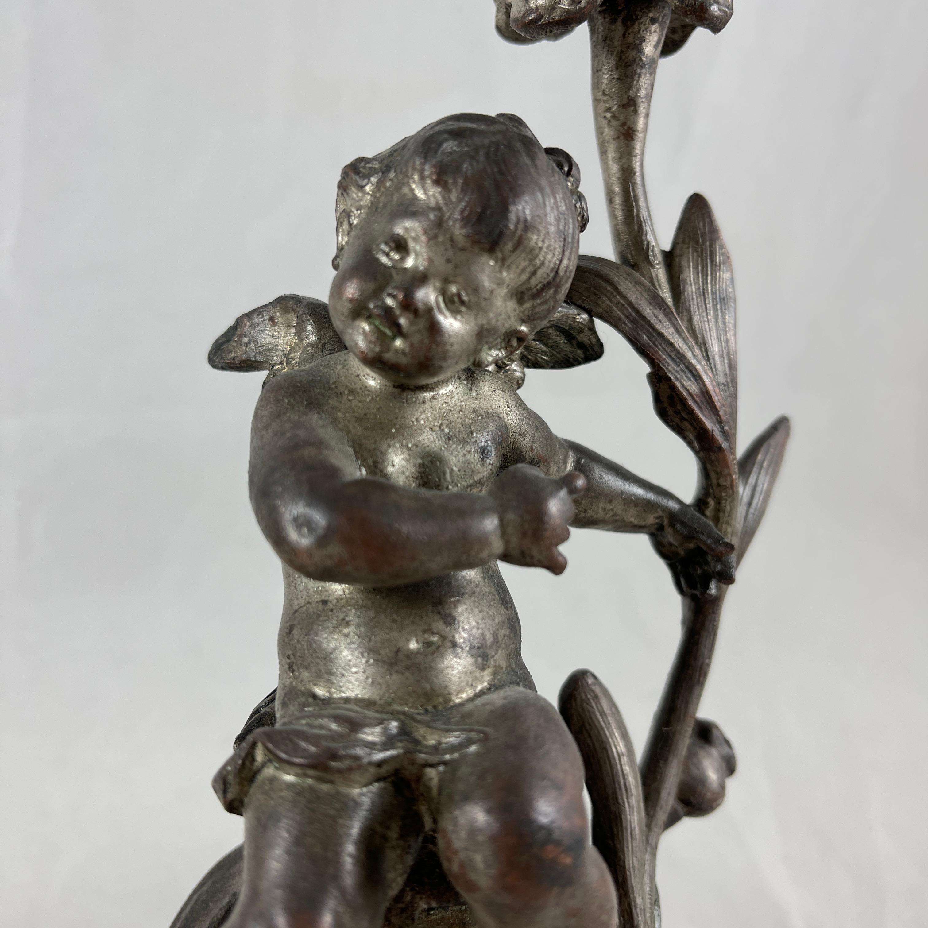 Belle Époque French Putti Cherub Candlesticks Signed Sylvain Kinsburger Spelter & Marble S/2 For Sale