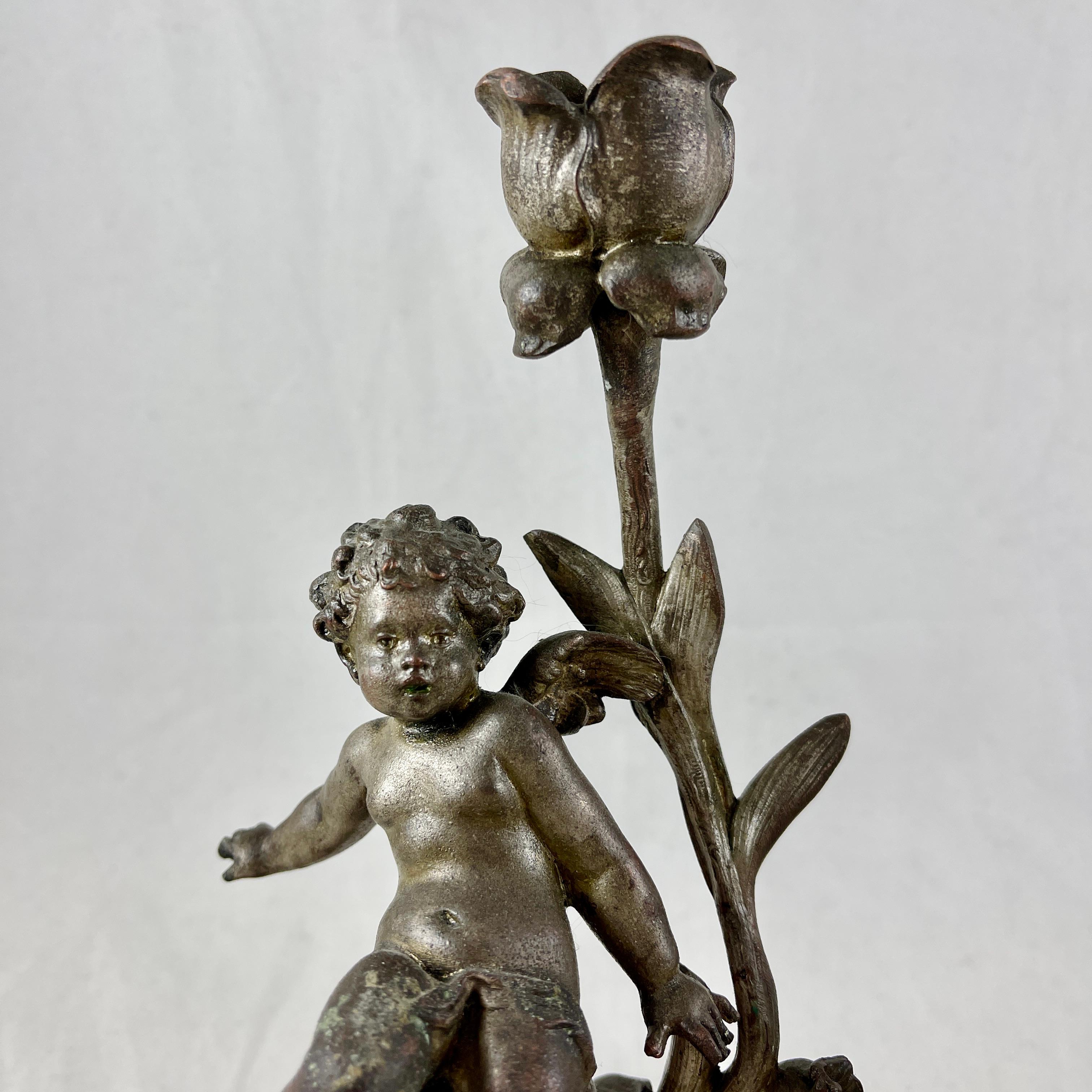 Cast French Putti Cherub Candlesticks Signed Sylvain Kinsburger Spelter & Marble S/2 For Sale