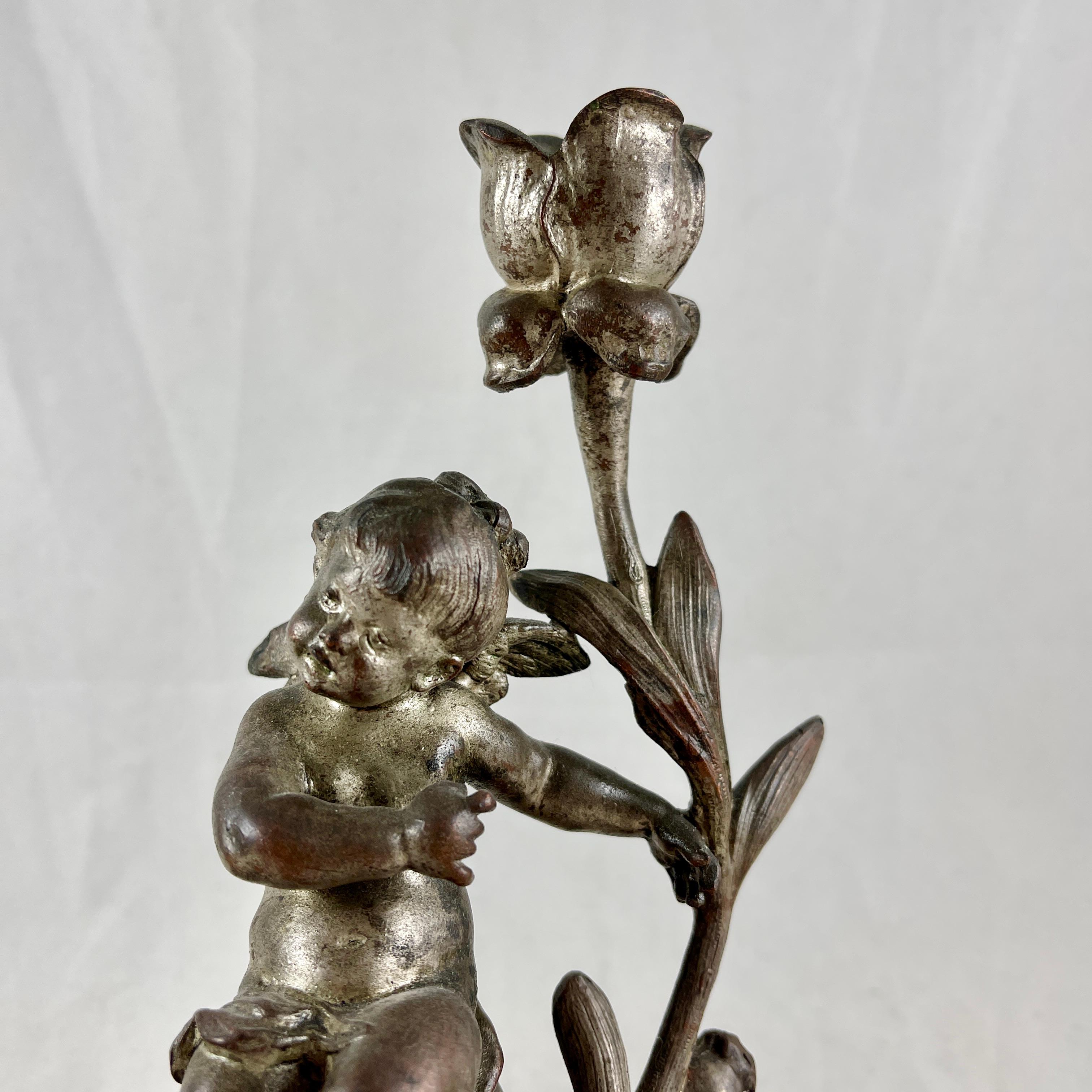 French Putti Cherub Candlesticks Signed Sylvain Kinsburger Spelter & Marble S/2 In Good Condition For Sale In Philadelphia, PA