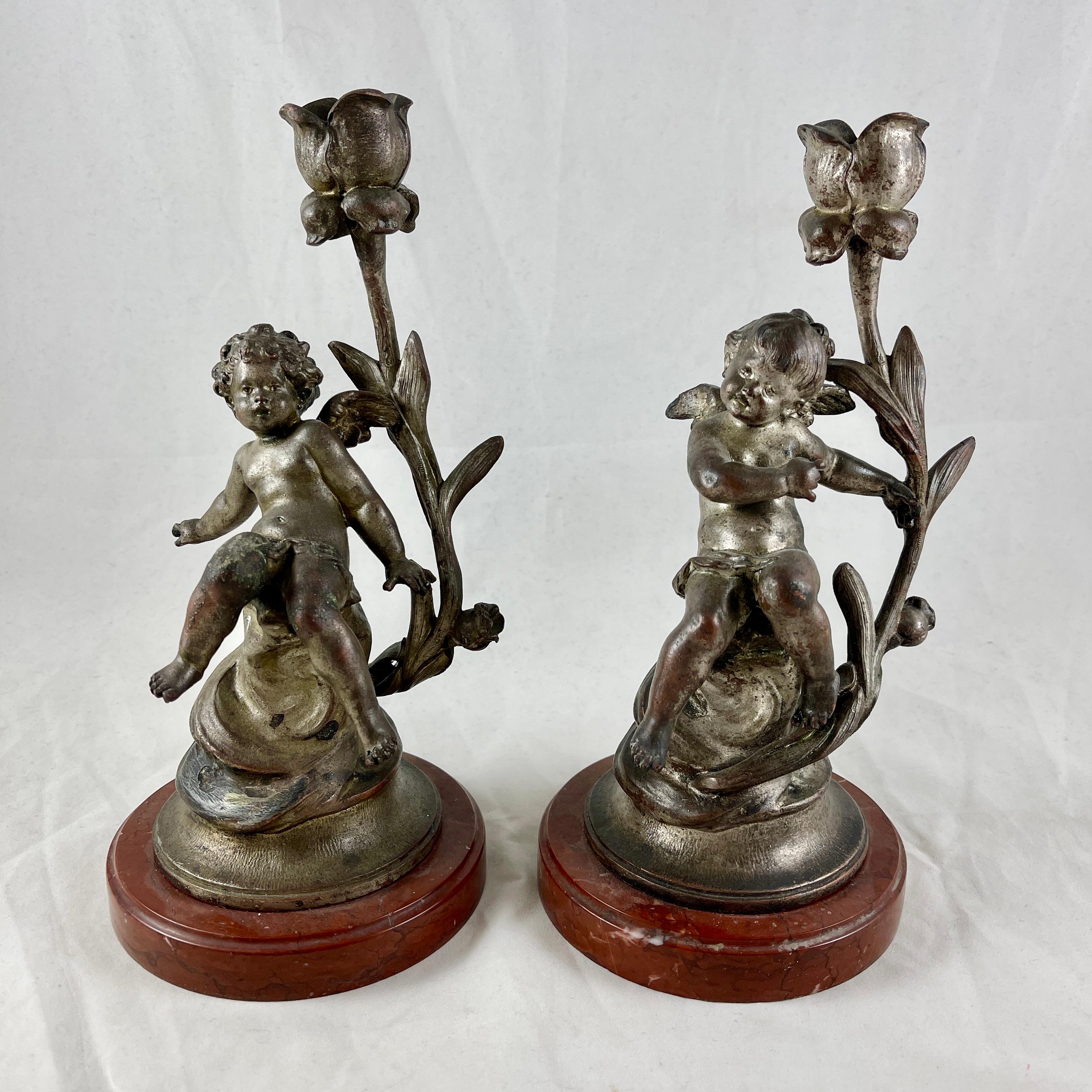 19th Century French Putti Cherub Candlesticks Signed Sylvain Kinsburger Spelter & Marble S/2 For Sale
