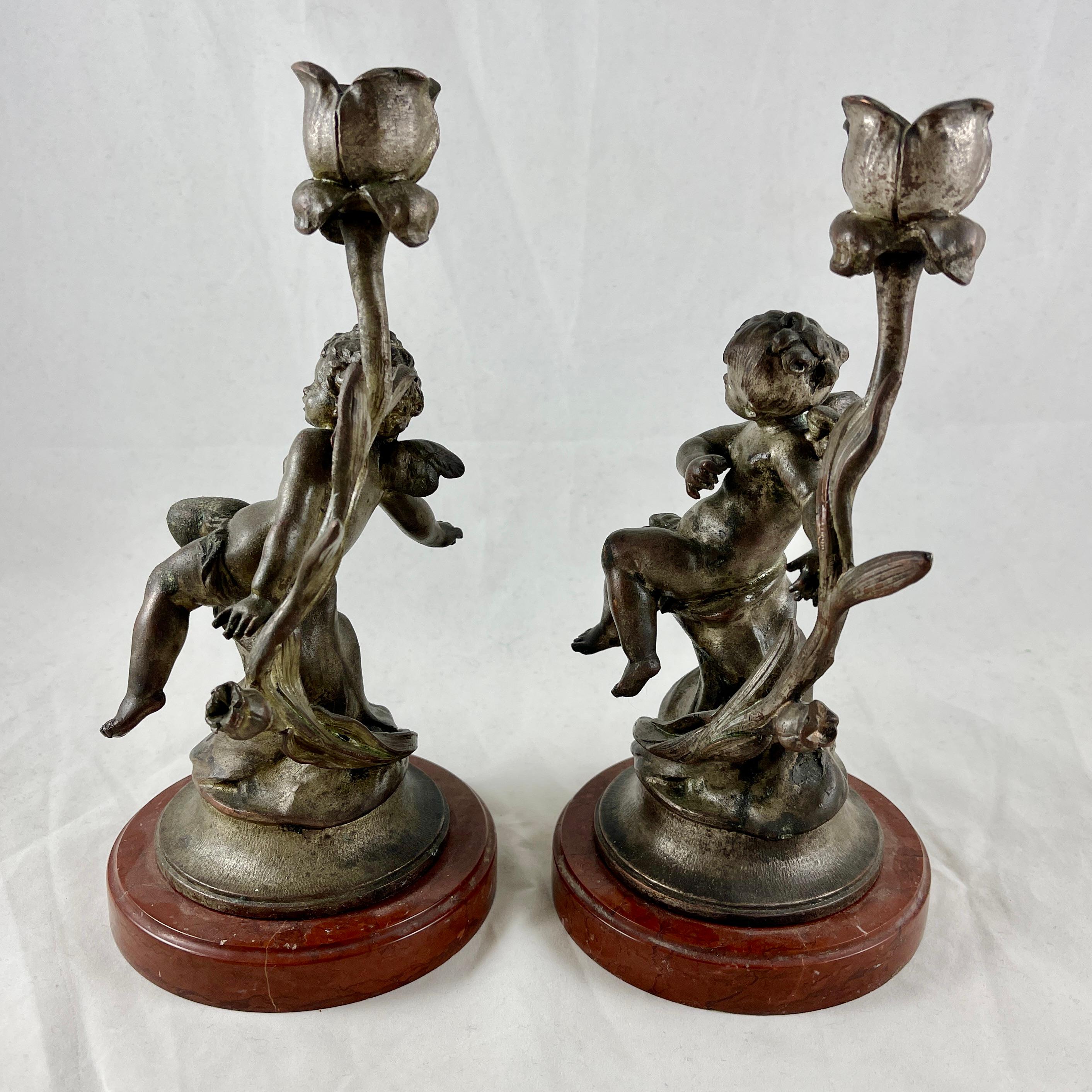 Metal French Putti Cherub Candlesticks Signed Sylvain Kinsburger Spelter & Marble S/2 For Sale