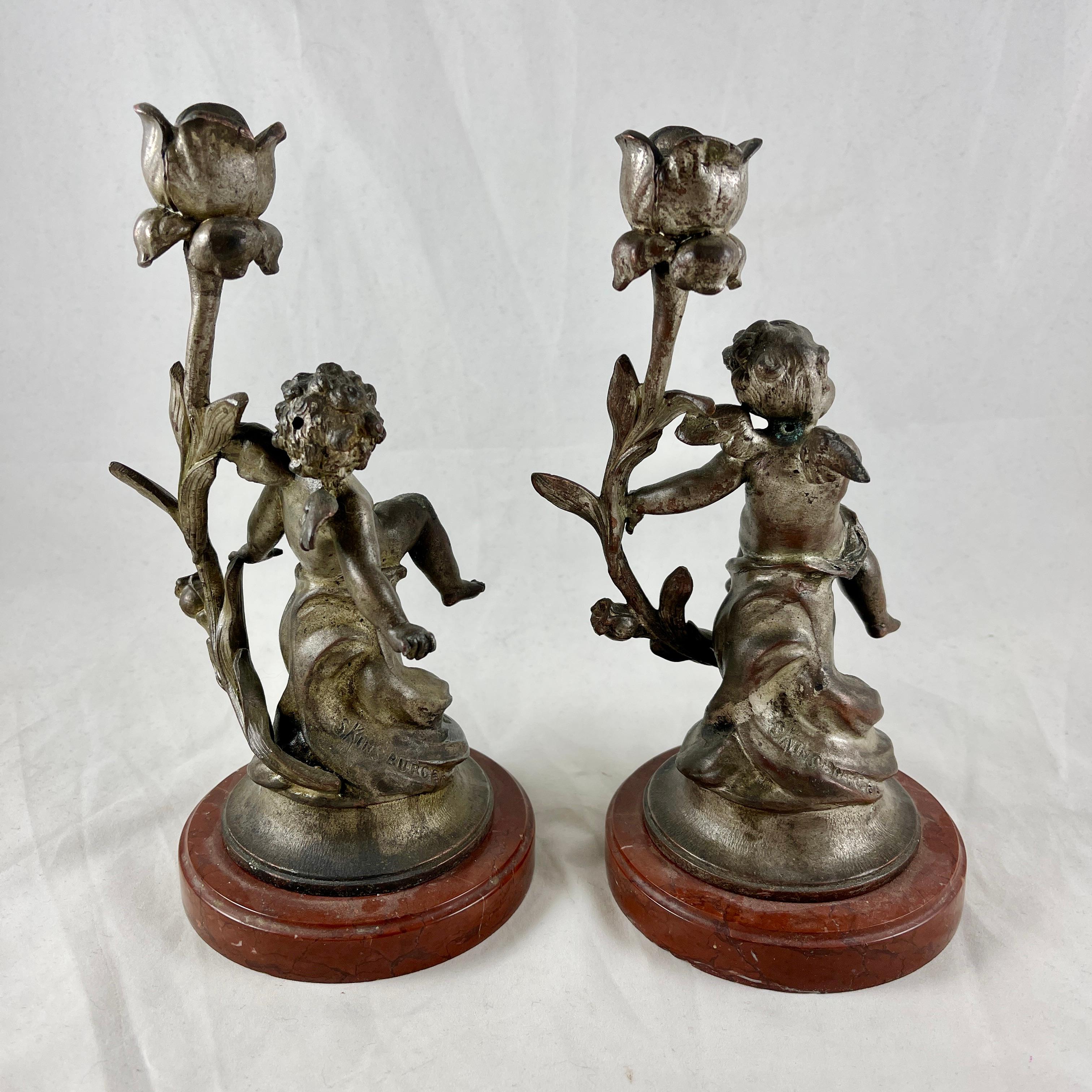 French Putti Cherub Candlesticks Signed Sylvain Kinsburger Spelter & Marble S/2 For Sale 1