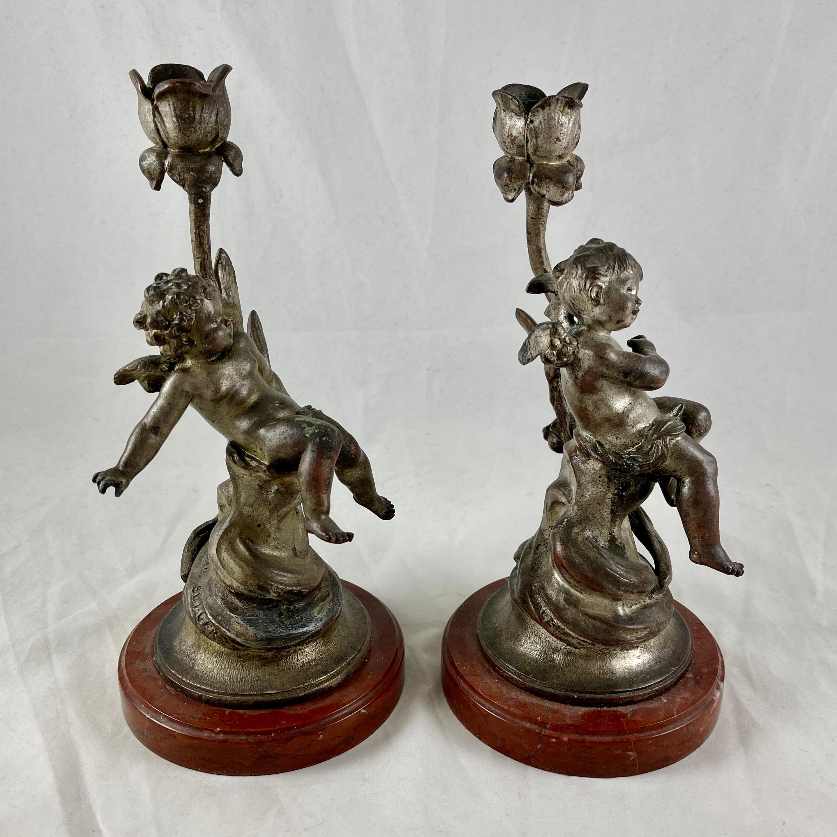 French Putti Cherub Candlesticks Signed Sylvain Kinsburger Spelter & Marble S/2 For Sale 2