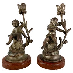 French Putti Cherub Candlesticks Signed Sylvain Kinsburger Spelter & Marble S/2