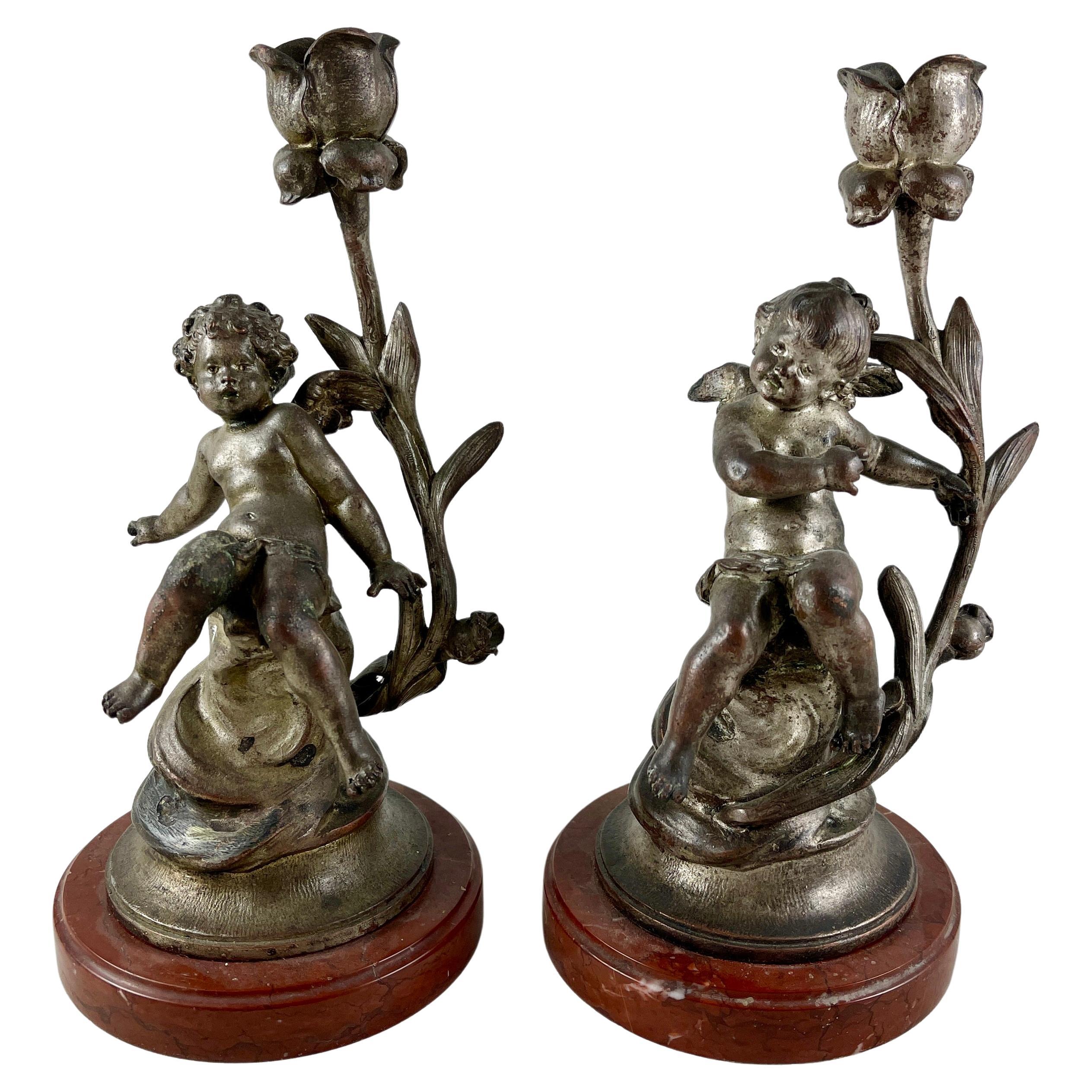 French Putti Cherub Candlesticks Signed Sylvain Kinsburger Spelter & Marble S/2 For Sale