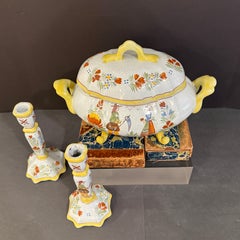 French Quimper Breton Faience Tureen and Pair of Candlesticks