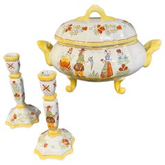 French Quimper Breton Faience Tureen and Pair of Candlesticks