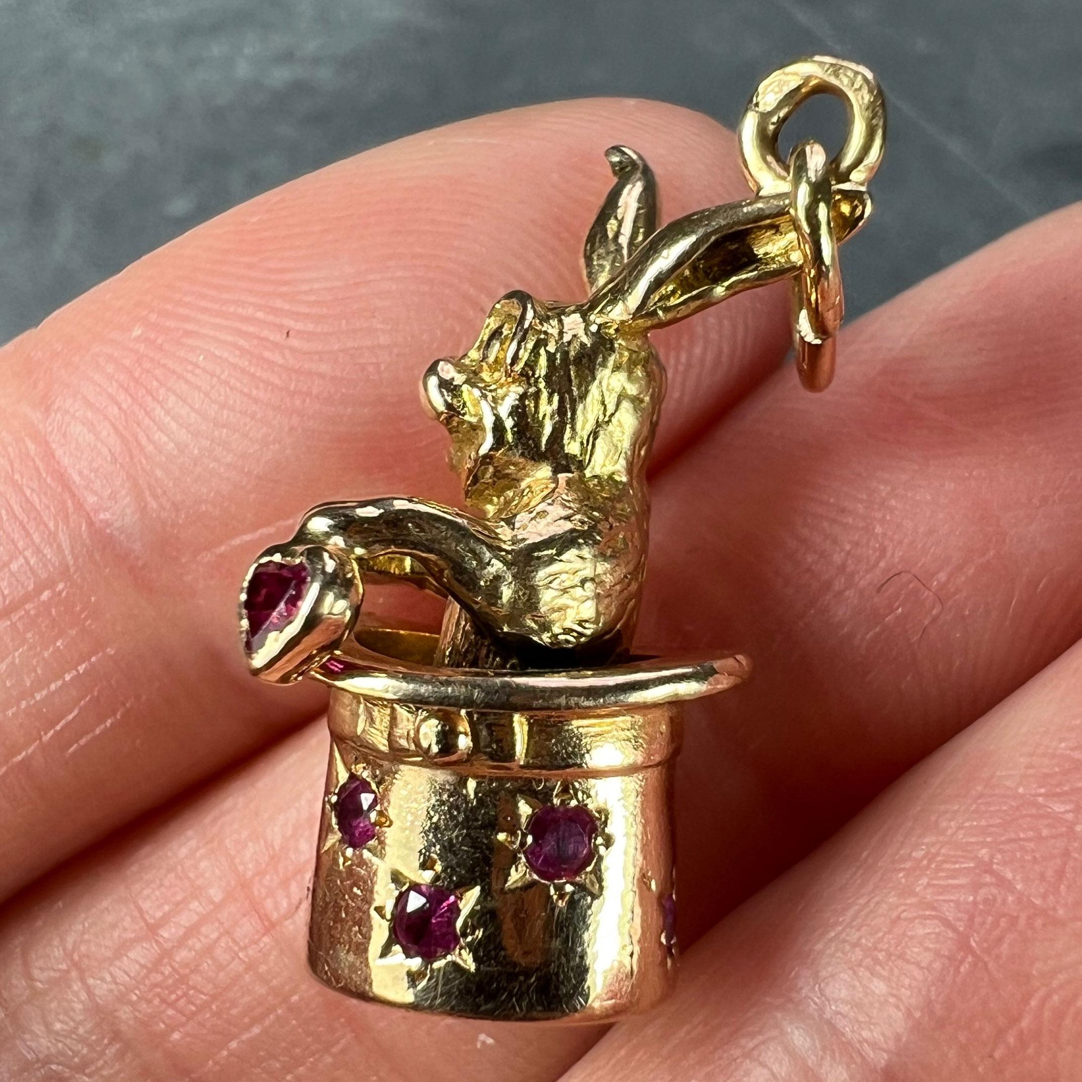 French Rabbit Heart Magician Hat 18K Yellow Gold Ruby Charm Pendant For Sale 5