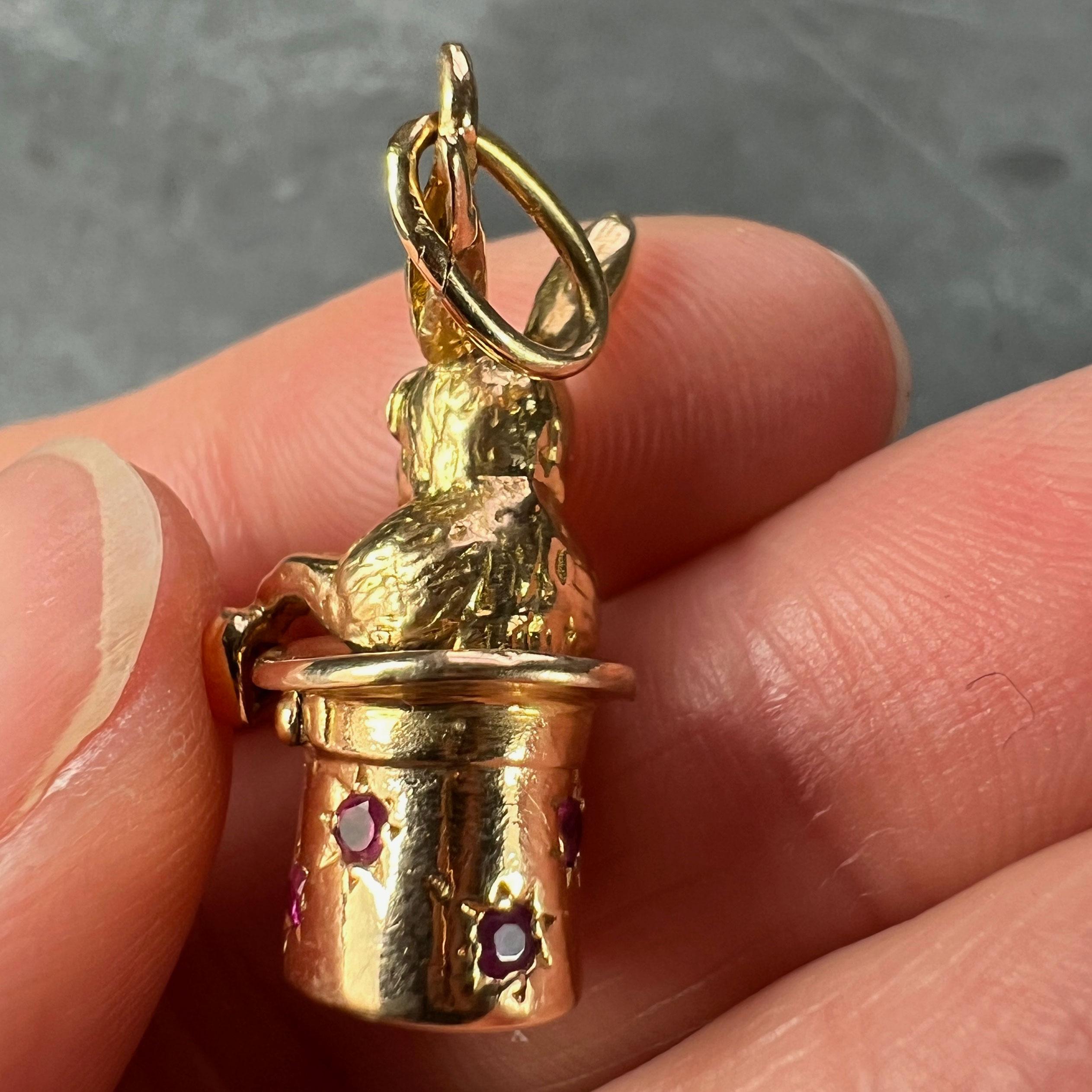 French Rabbit Heart Magician Hat 18K Yellow Gold Ruby Charm Pendant For Sale 6