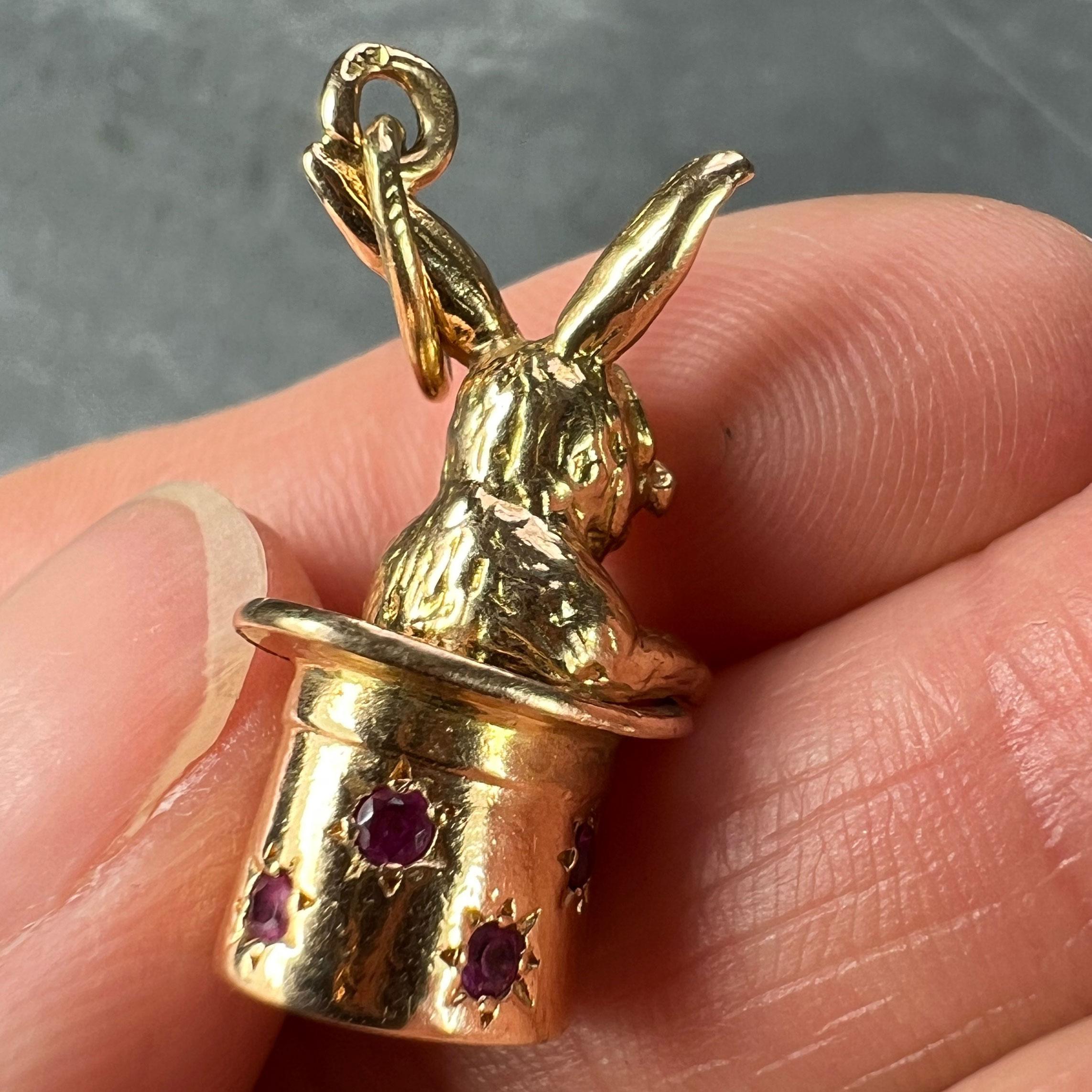 French Rabbit Heart Magician Hat 18K Yellow Gold Ruby Charm Pendant For Sale 7