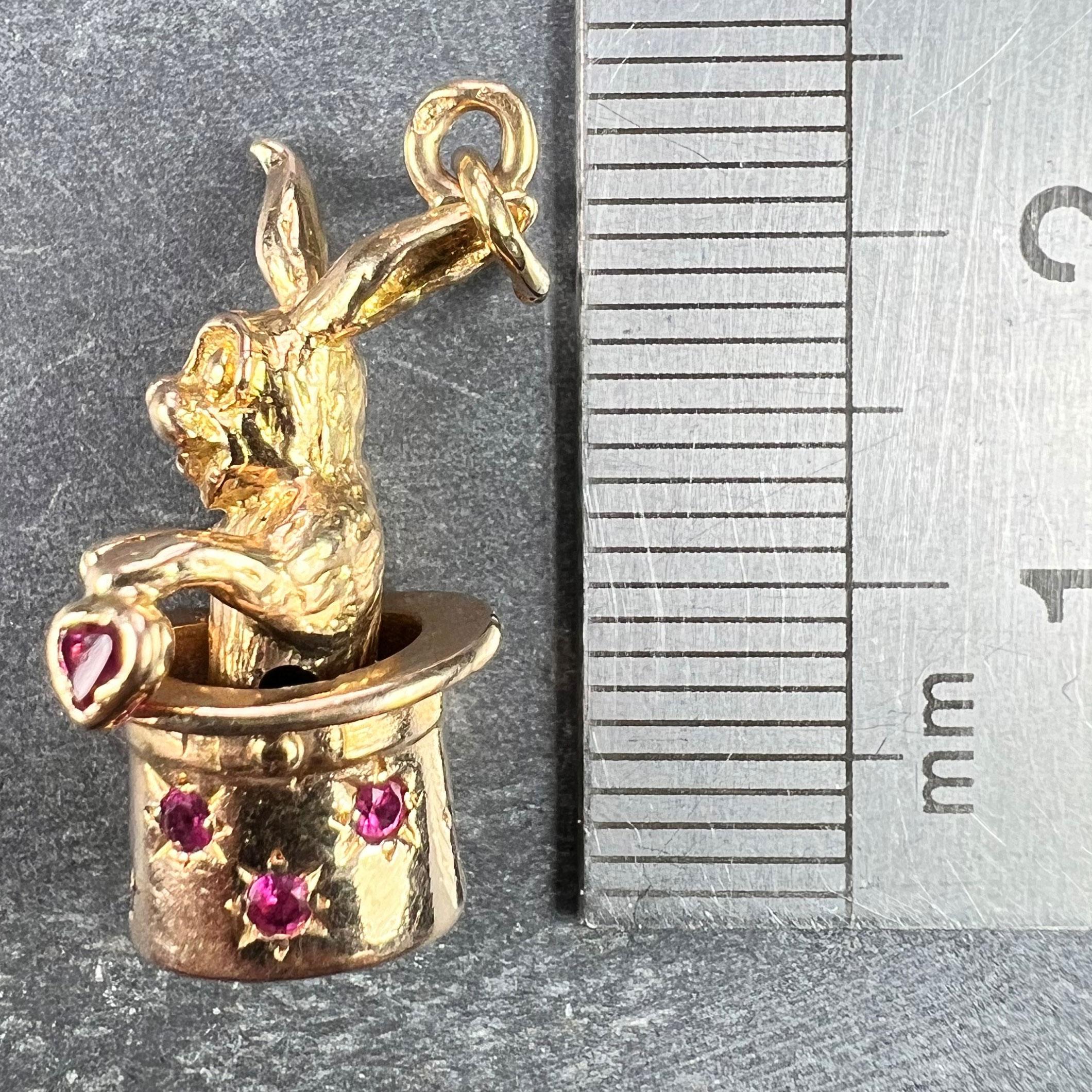 French Rabbit Heart Magician Hat 18K Yellow Gold Ruby Charm Pendant For Sale 10