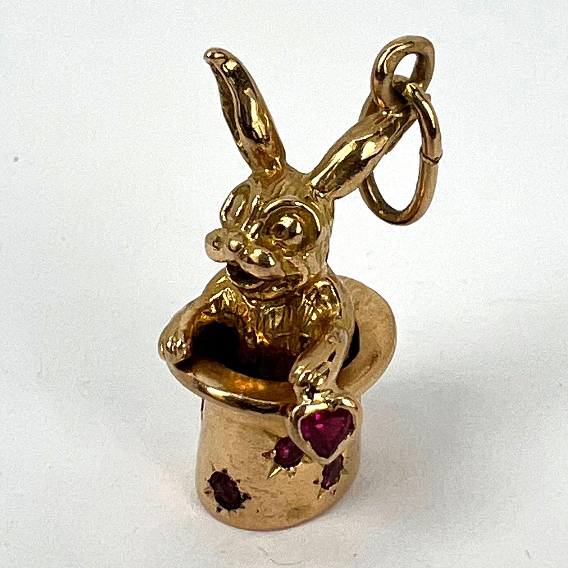 French Rabbit Heart Magician Hat 18K Yellow Gold Ruby Charm Pendant For Sale 12