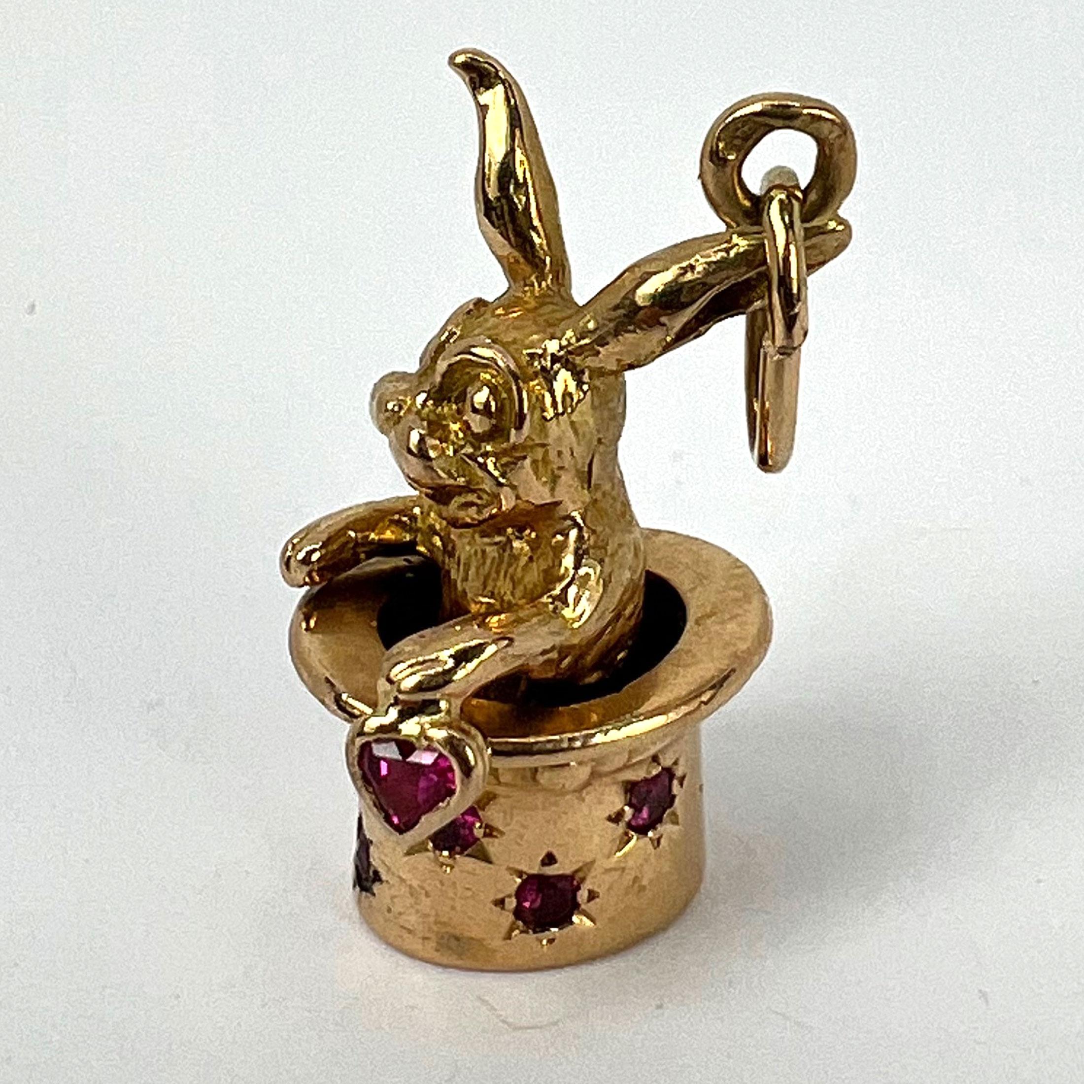 French Rabbit Heart Magician Hat 18K Yellow Gold Ruby Charm Pendant For Sale 13