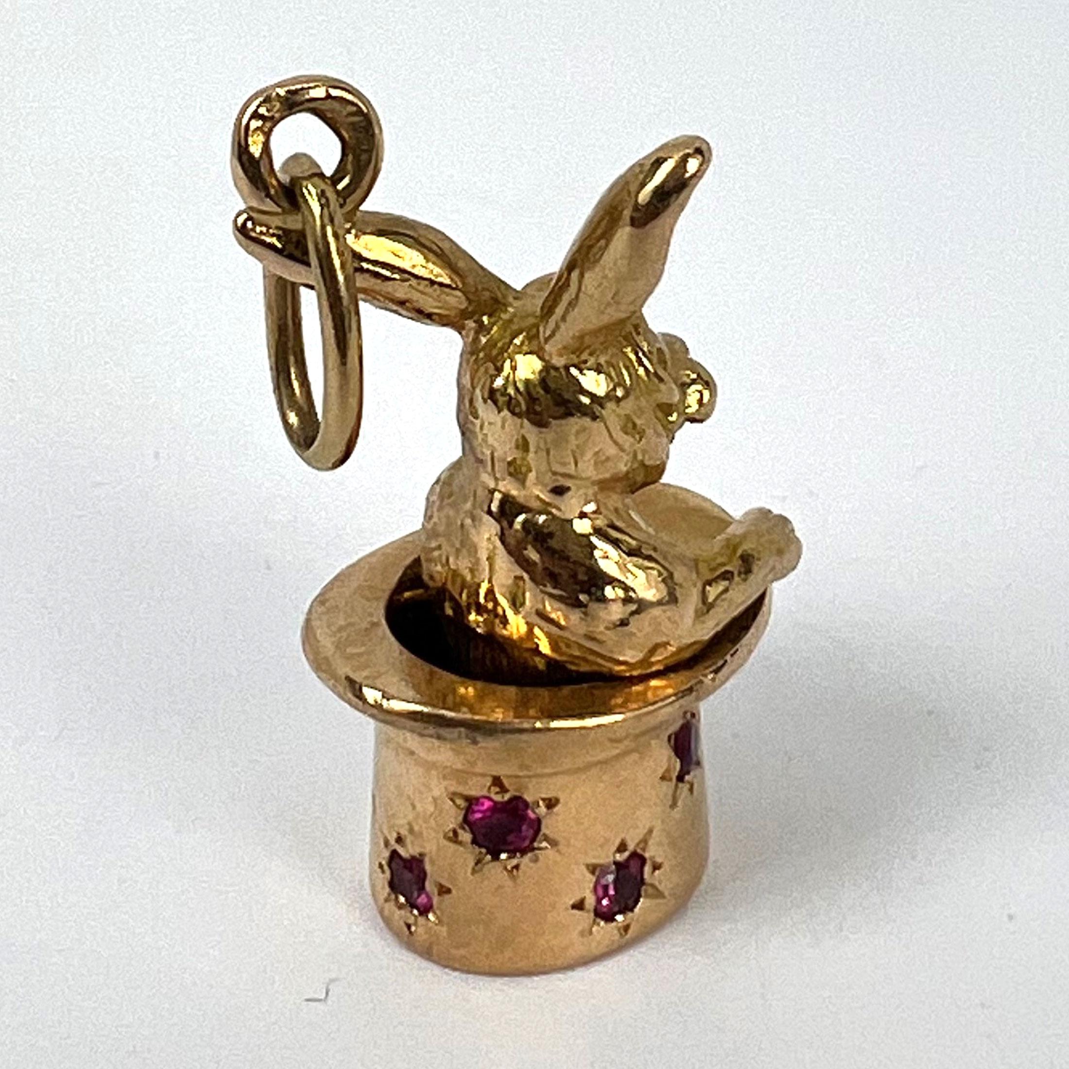 French Rabbit Heart Magician Hat 18K Yellow Gold Ruby Charm Pendant For Sale 14
