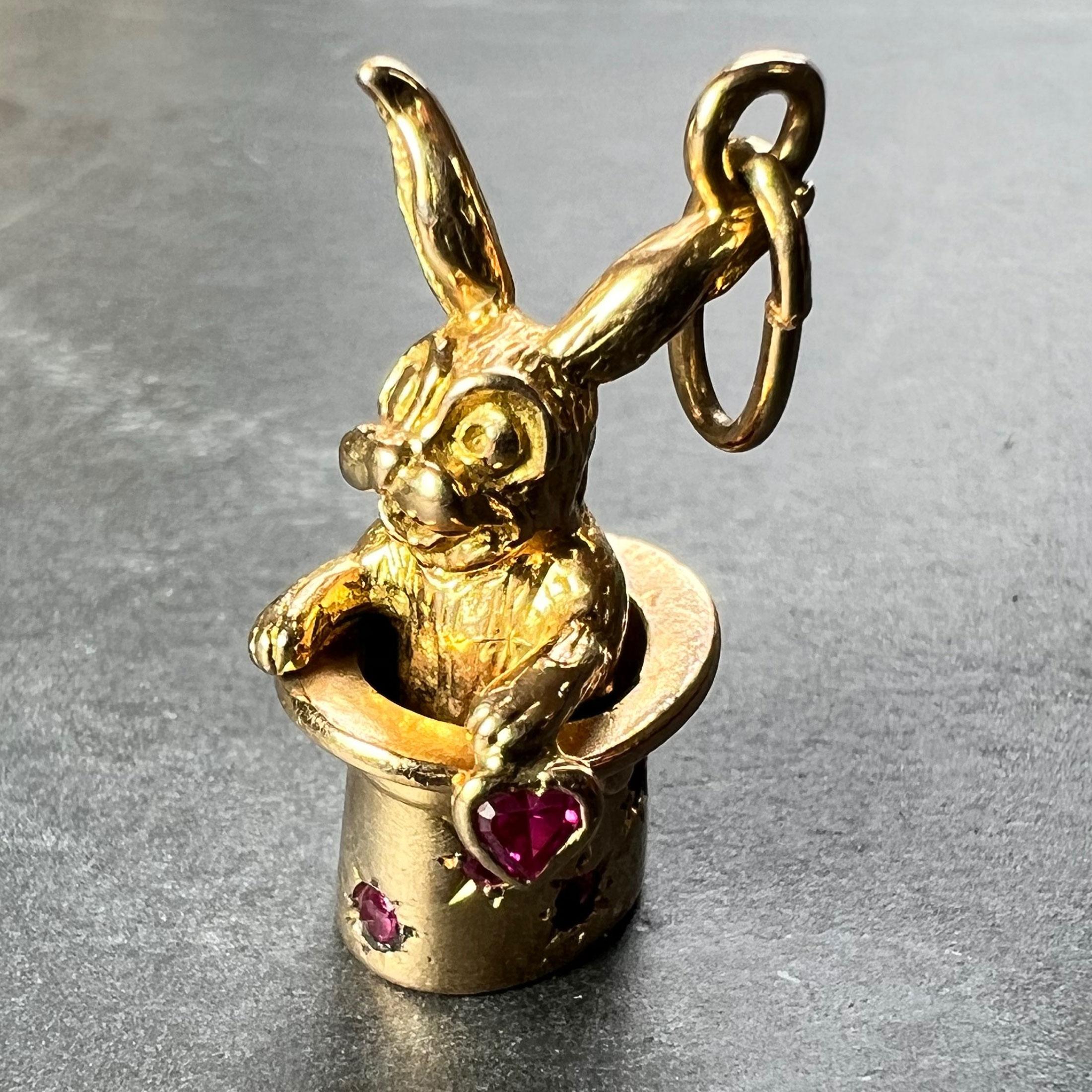 Round Cut French Rabbit Heart Magician Hat 18K Yellow Gold Ruby Charm Pendant For Sale