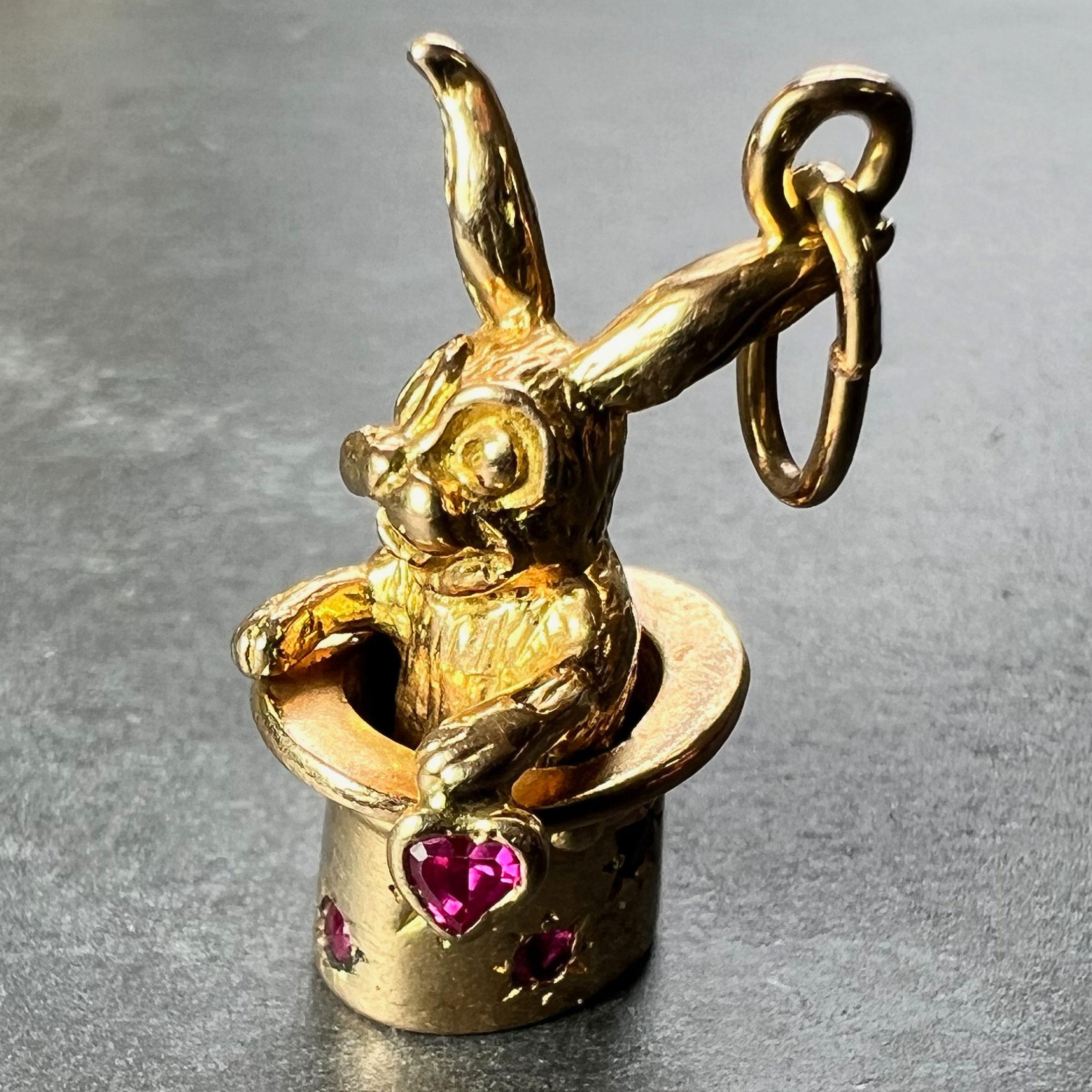 French Rabbit Heart Magician Hat 18K Yellow Gold Ruby Charm Pendant For Sale 2