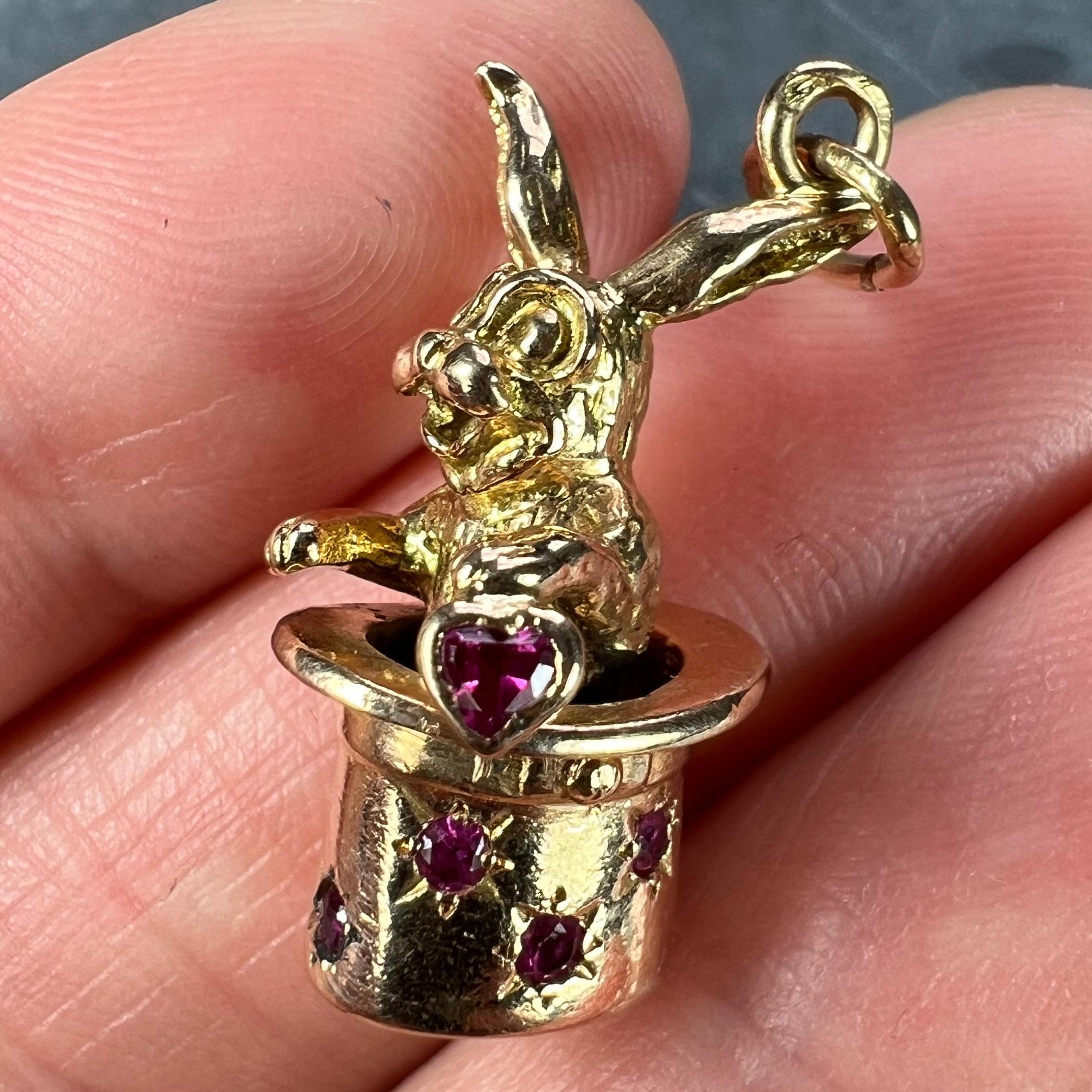 French Rabbit Heart Magician Hat 18K Yellow Gold Ruby Charm Pendant For Sale 4