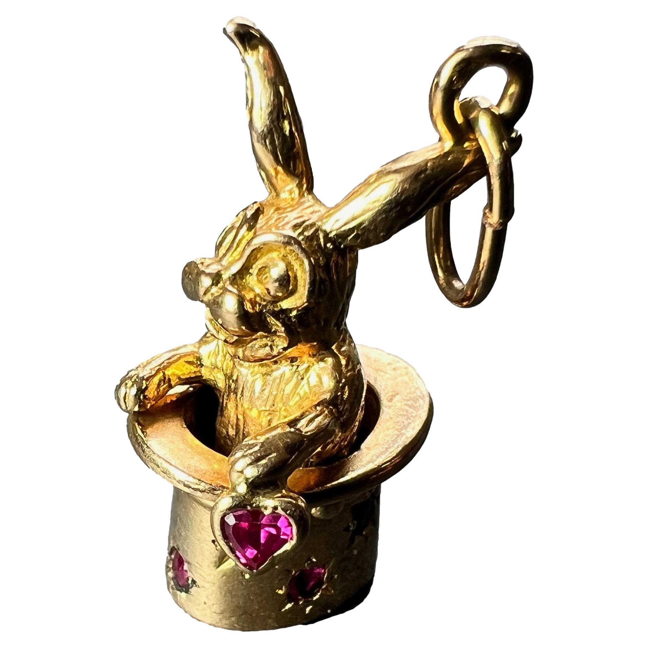 French Rabbit Heart Magician Hat 18K Yellow Gold Ruby Charm Pendant For Sale