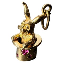 Vintage French Rabbit Heart Magician Hat 18K Yellow Gold Ruby Charm Pendant