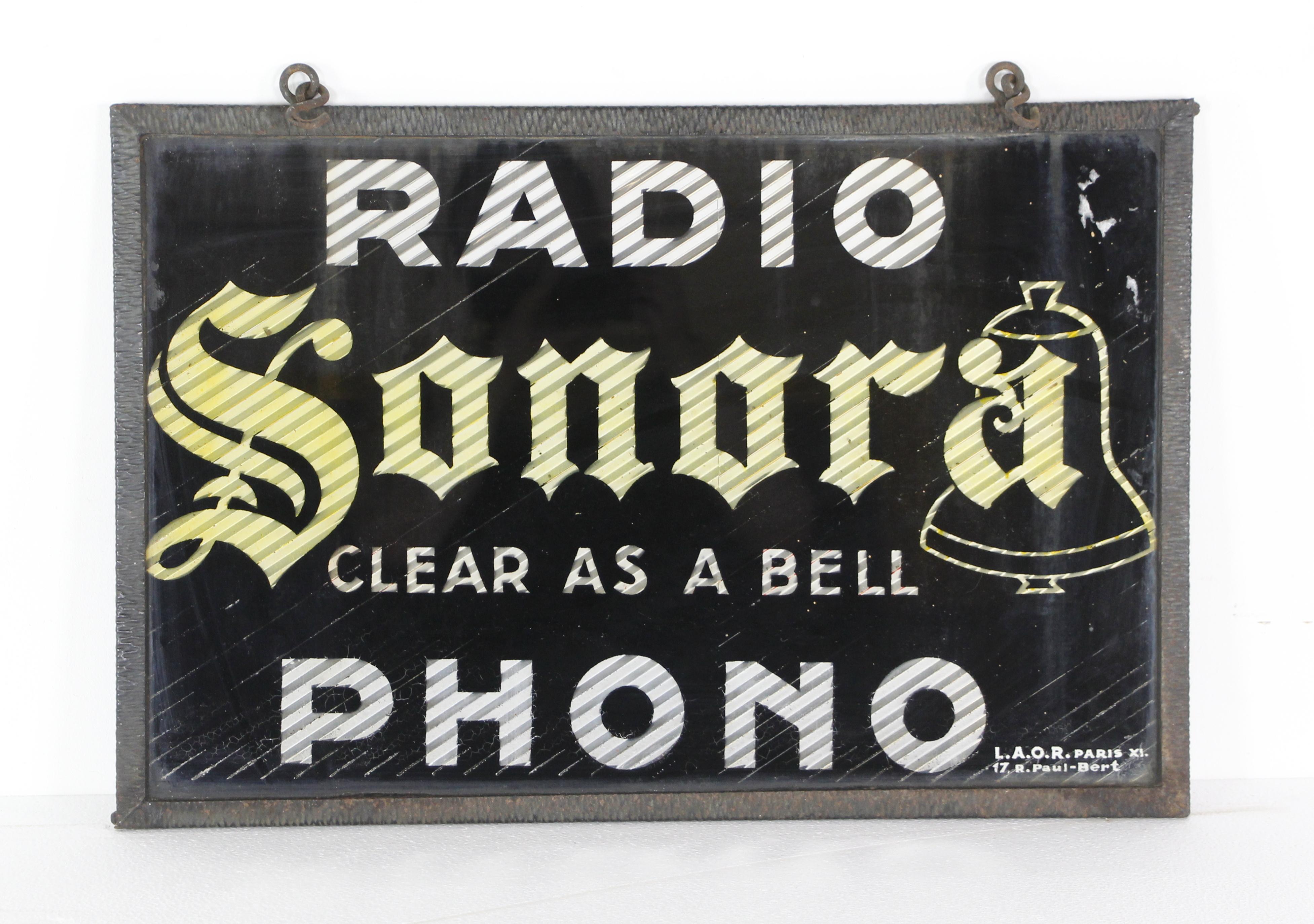 French Radio Sonora Steel Frame Glass Hanging Sign For Sale 1