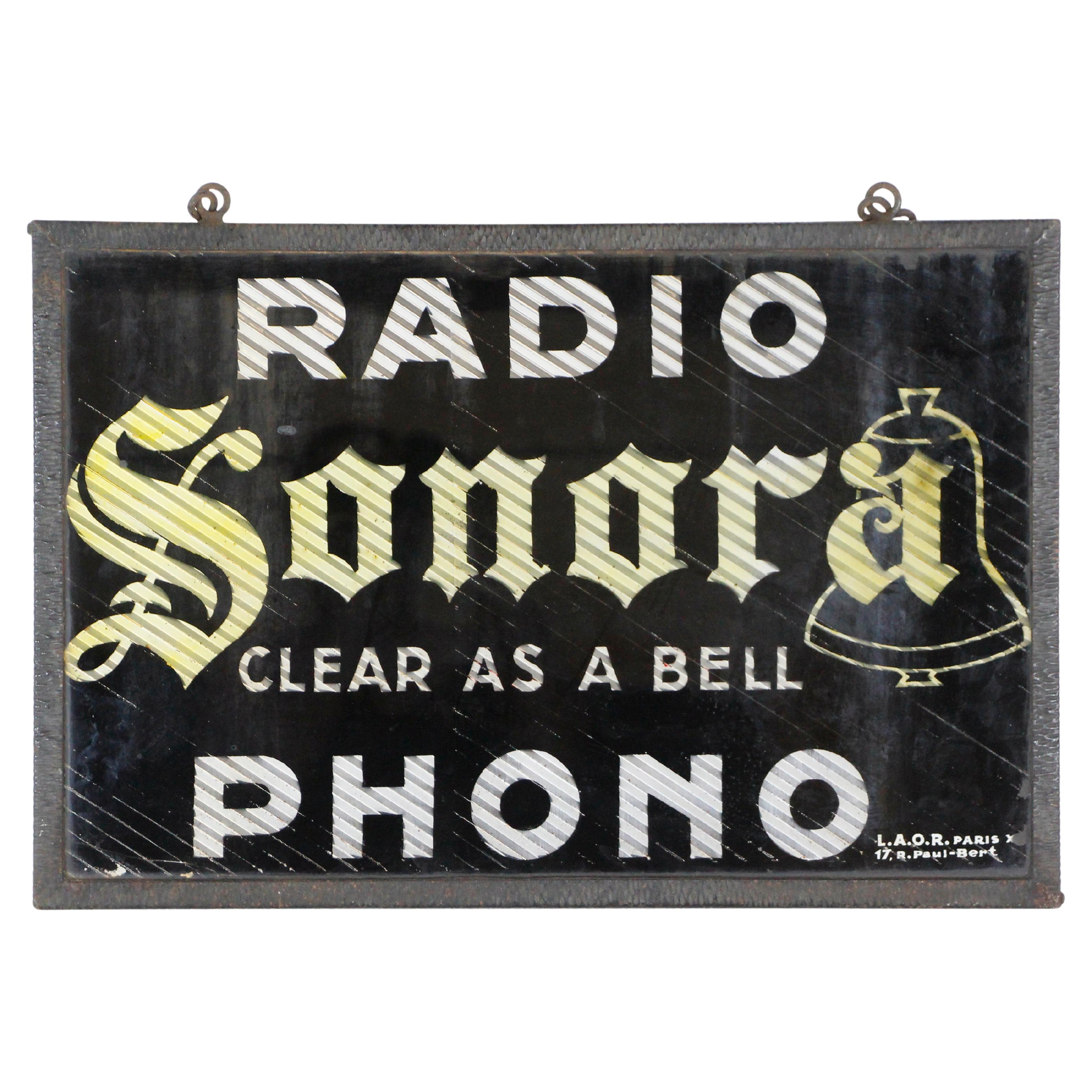 French Radio Sonora Steel Frame Glass Hanging Sign For Sale