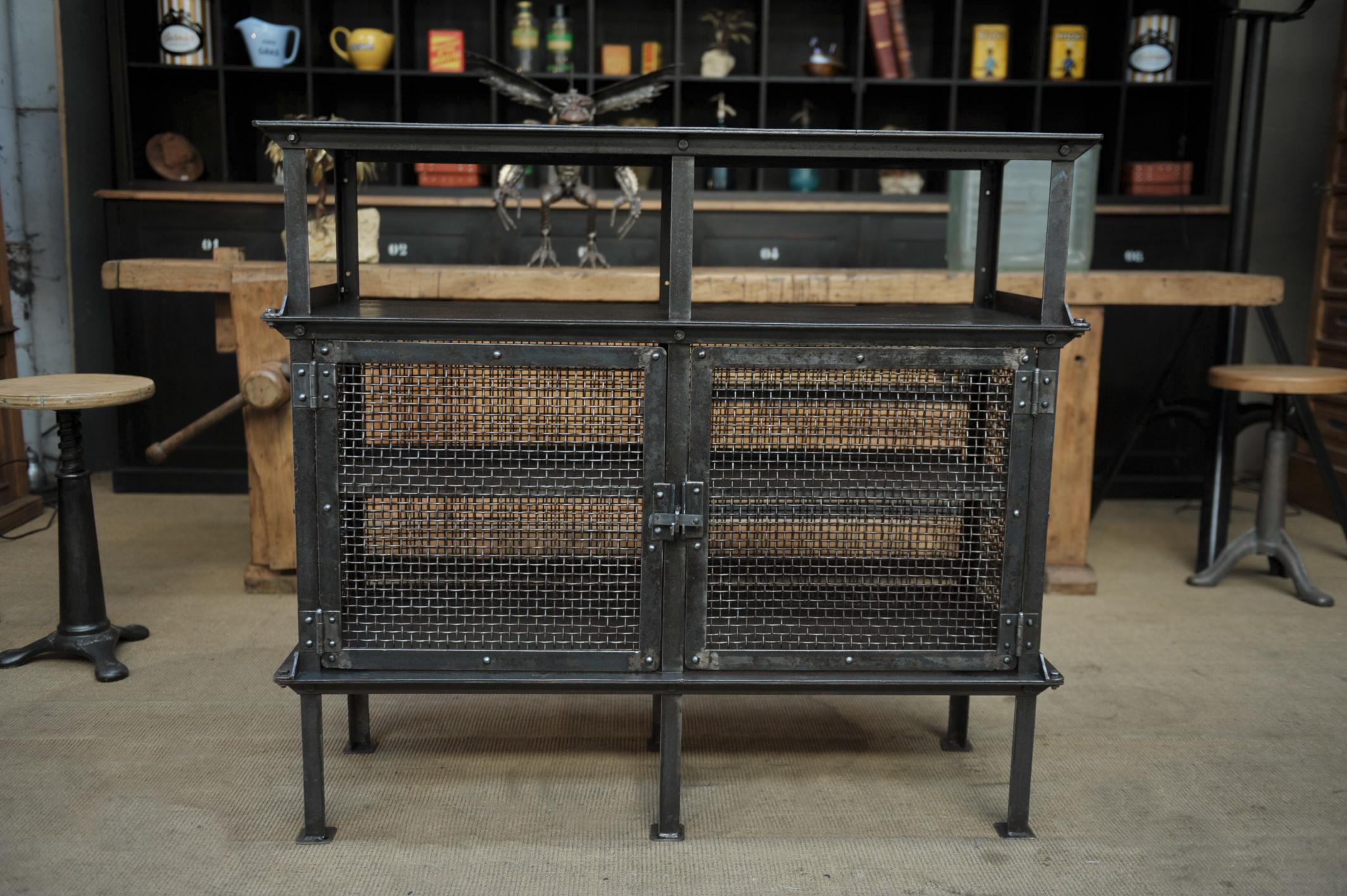 Industrial French Rail Way SNCF Iron Mesh Cabinet, 1940s