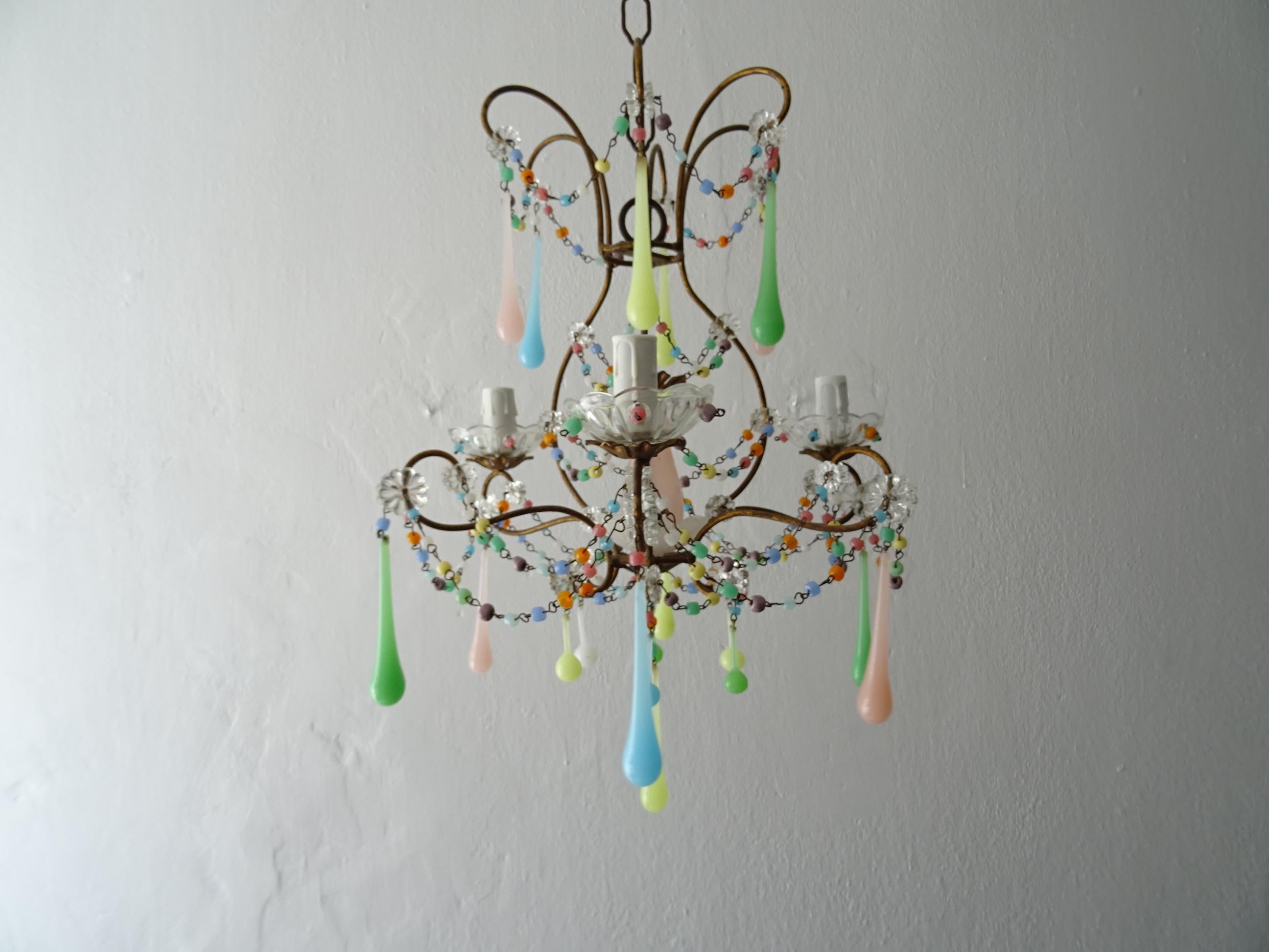 French Rainbow Pastel Confetti Candy Colors Opaline Drops Chandelier, circa 1920 4
